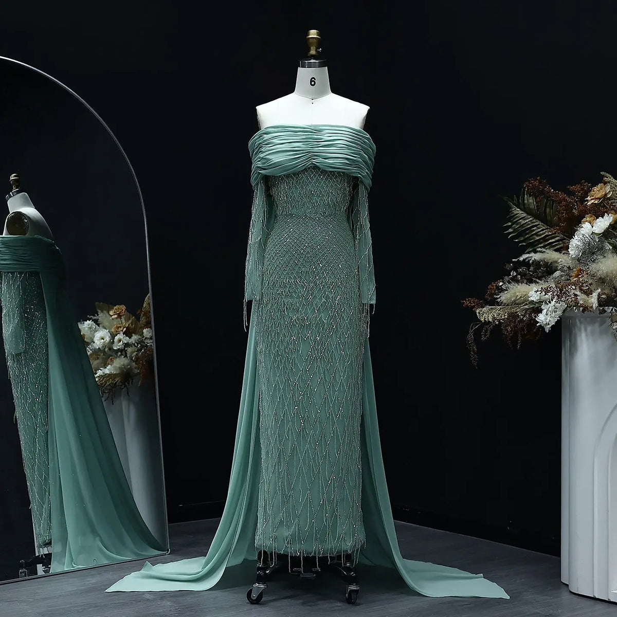 Luxury Tassel Lilac Off Shoulder Evening Dress with Cape SS708 