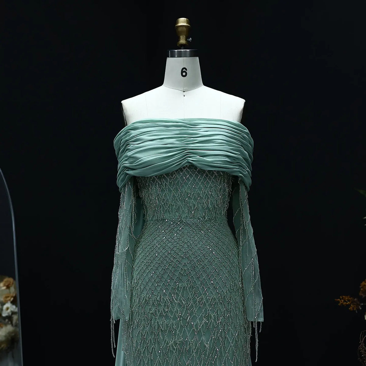Luxury Tassel Lilac Off Shoulder Evening Dress with Cape SS708 