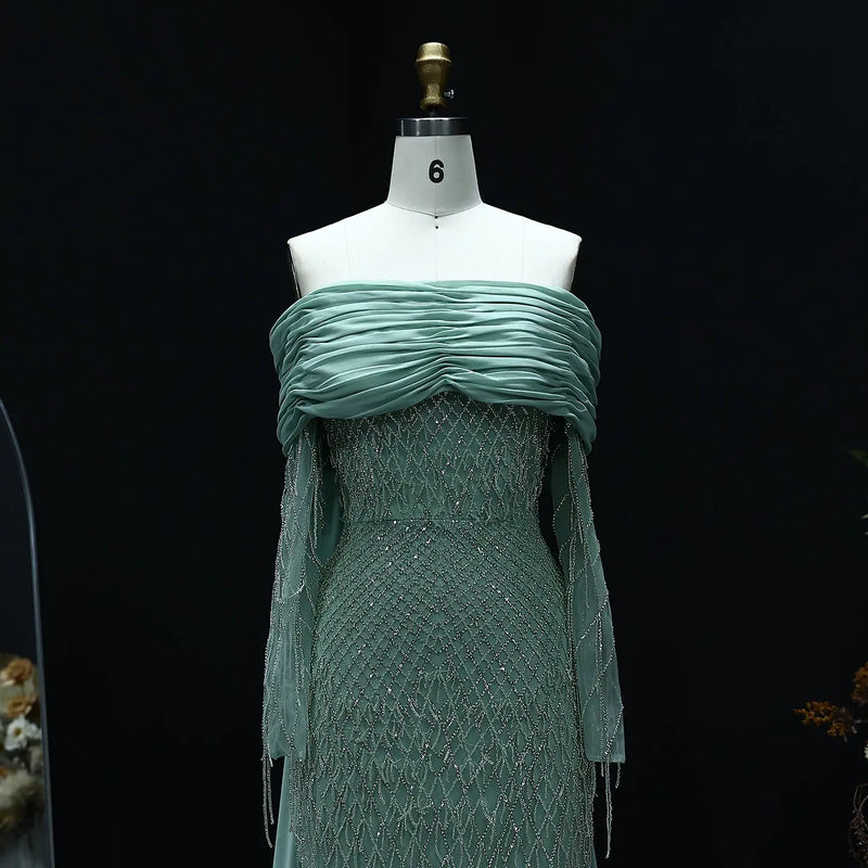 Luxury Tassel Lilac Off Shoulder Evening Dress with Cape SS708 