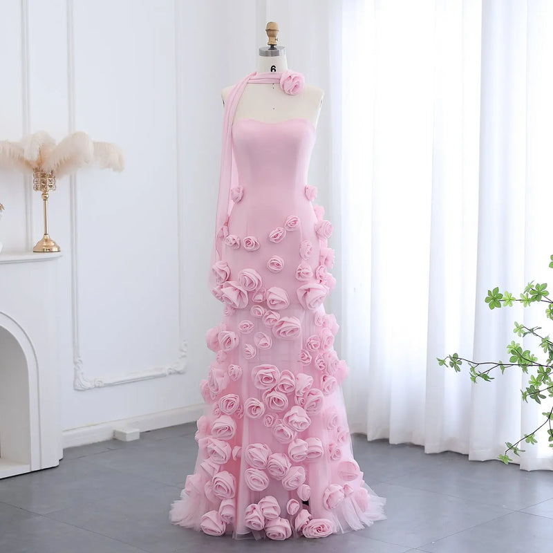 Chic Pink 3D Flowers Strapless Mermaid Evening Dress Side Slit SS207 Sharon Said