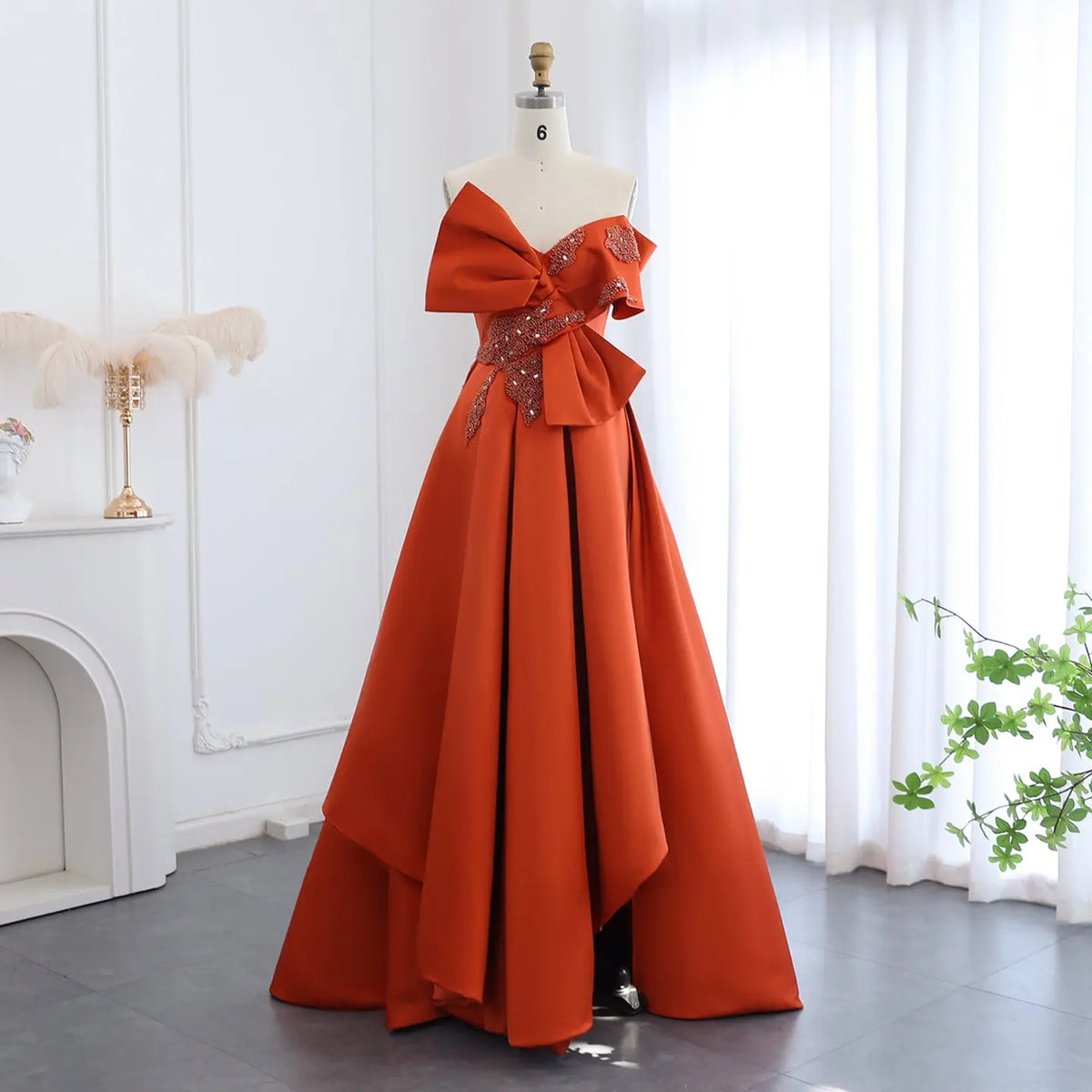 Elegant Orange Satin Off Shoulder High-Low Evening Dress SS338 Elegant Orange Satin Off Shoulder High-Low Evening Dress SS338
