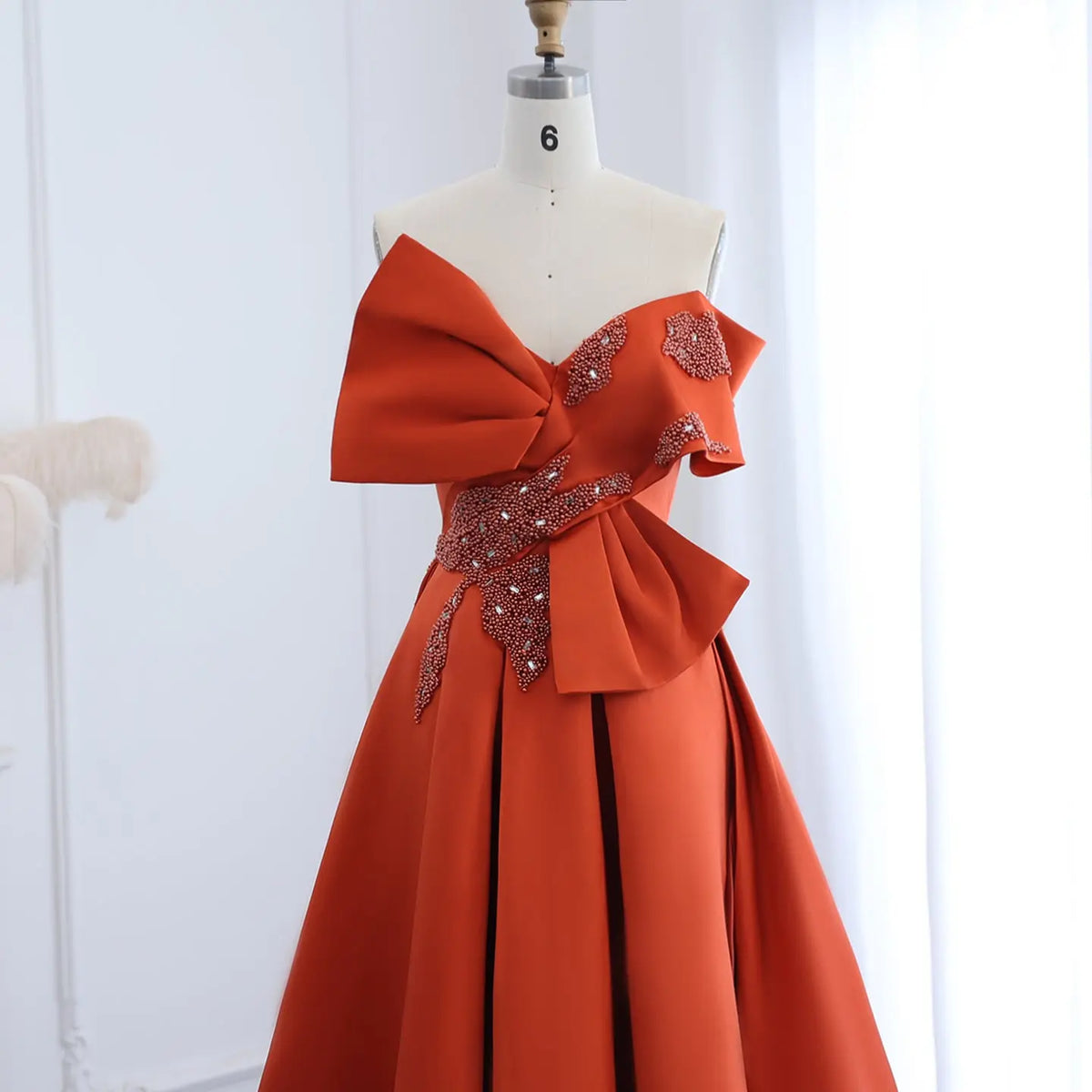 Elegant Orange Satin Off Shoulder High-Low Evening Dress SS338 - SHARONSAID Elegant Orange Satin Off Shoulder High-Low Evening Dress SS338 - SHARONSAID