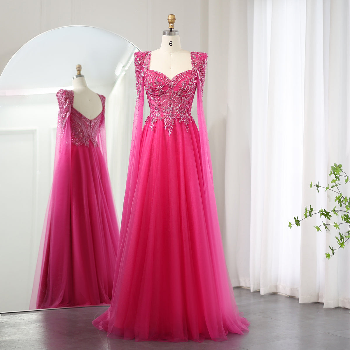 Sharon Said Arabisches Fuchsia Abendkleid mit Cape-Ärmeln Luxus Perlen Dubai Elegante Frauen Hochzeit Formale Party Kleider SS242