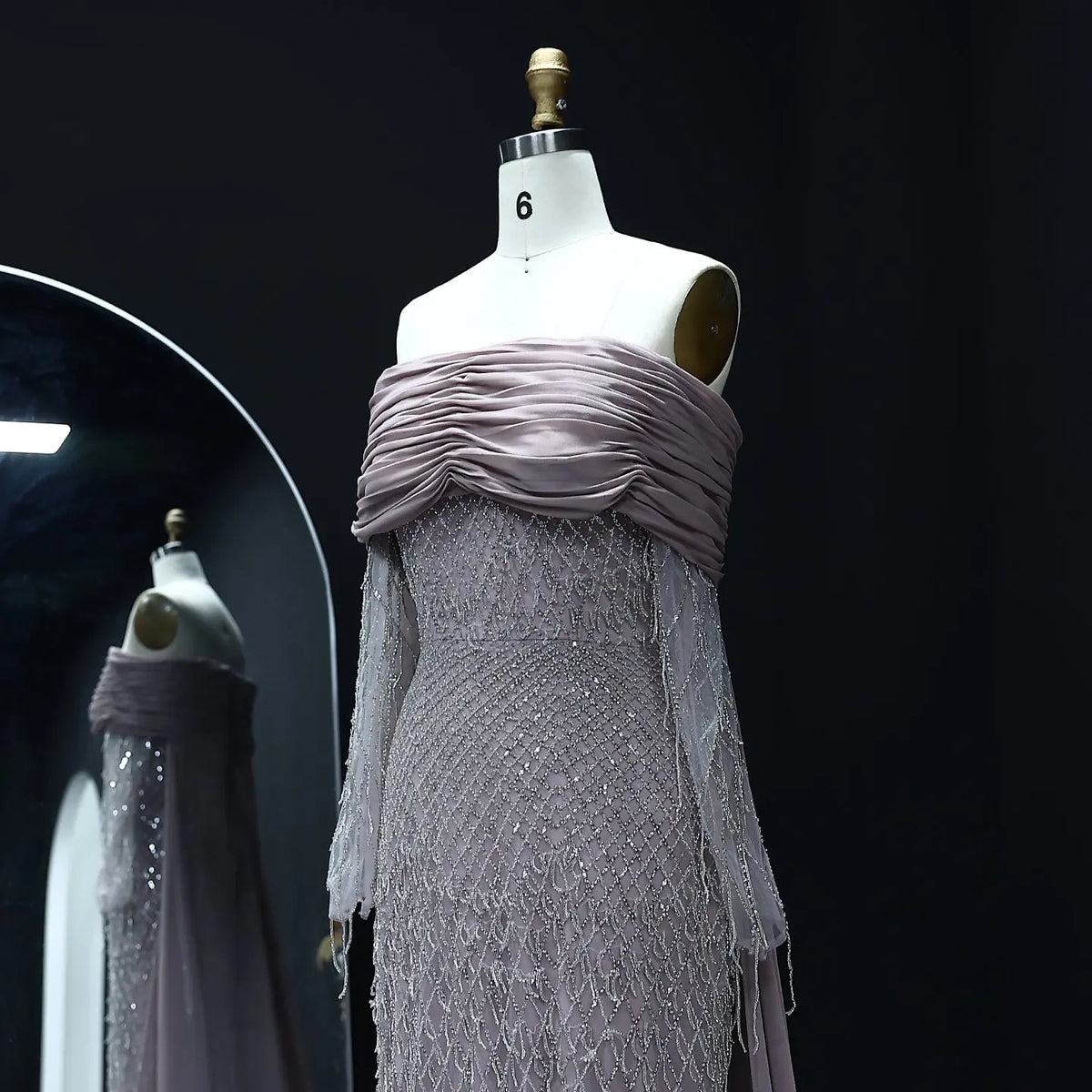 Luxury Tassel Lilac Off Shoulder Evening Dress with Cape SS708 Luxury Tassel Lilac Off Shoulder Evening Dress with Cape SS708