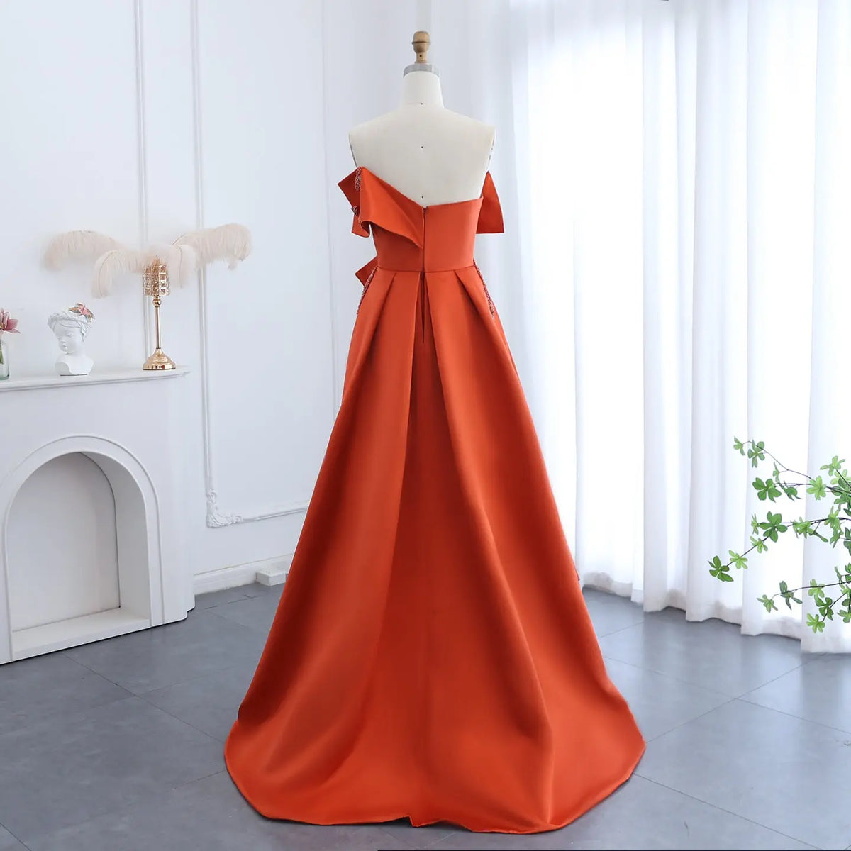 high low orange dress Elegant Orange Satin Off Shoulder High-Low Evening Dress SS338
