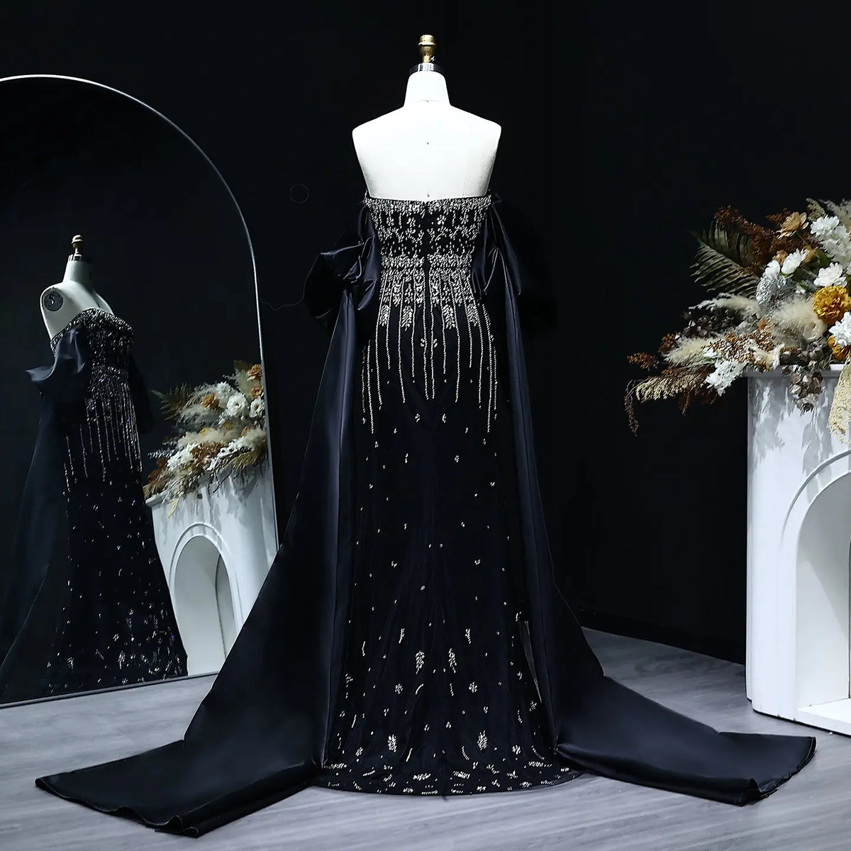 Luxury Crystal Tassel Black Evening Dress with Straps / Cape SS294