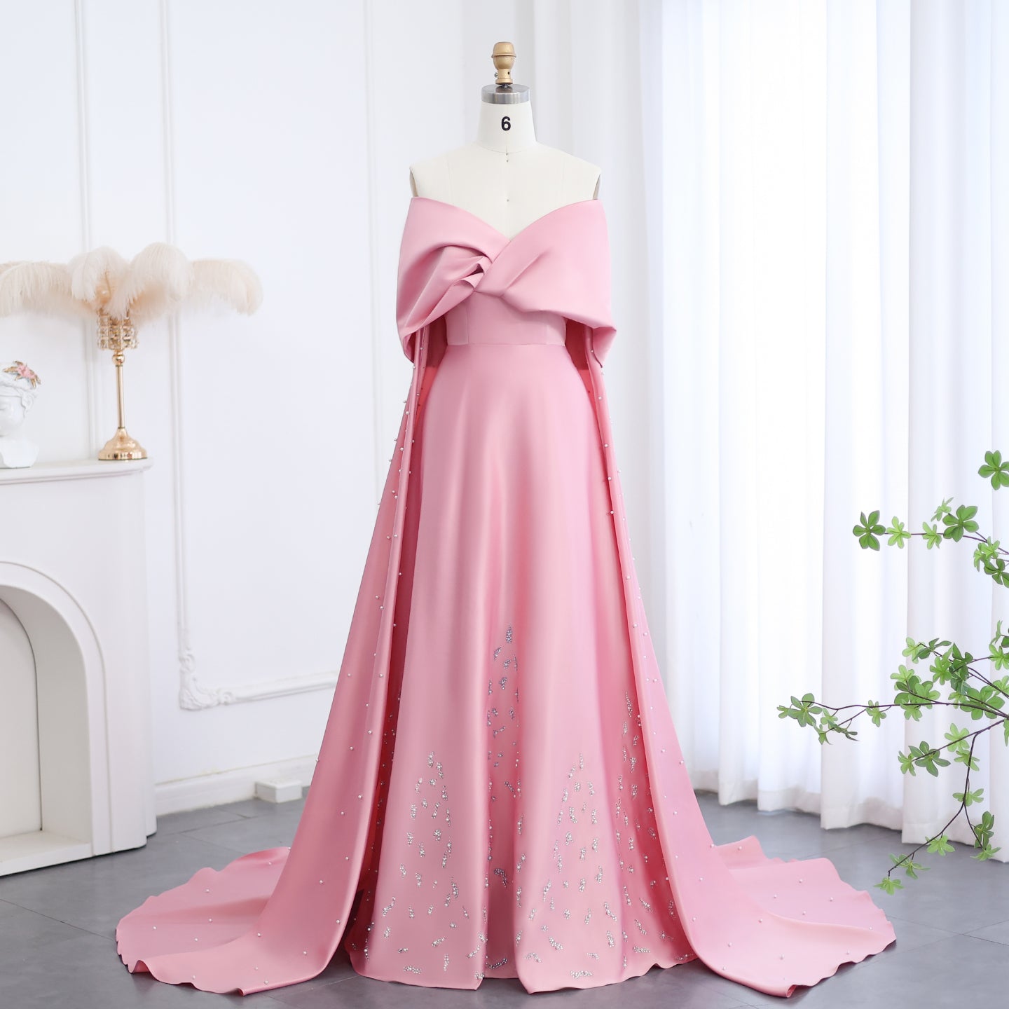 Luxury Pink Satin Off Shoulder Evening Dress SS481 SHARONSAID