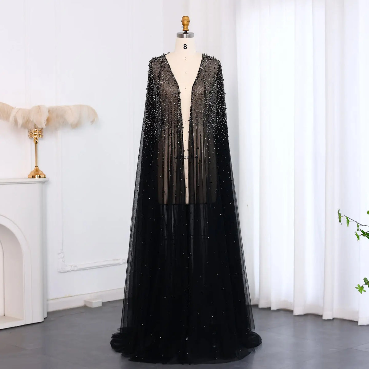 Elegant Black Beaded Long Cape Evening Dress SF082 - SHARONSAID Elegant Black Beaded Long Cape Evening Dress SF082 - SHARONSAID