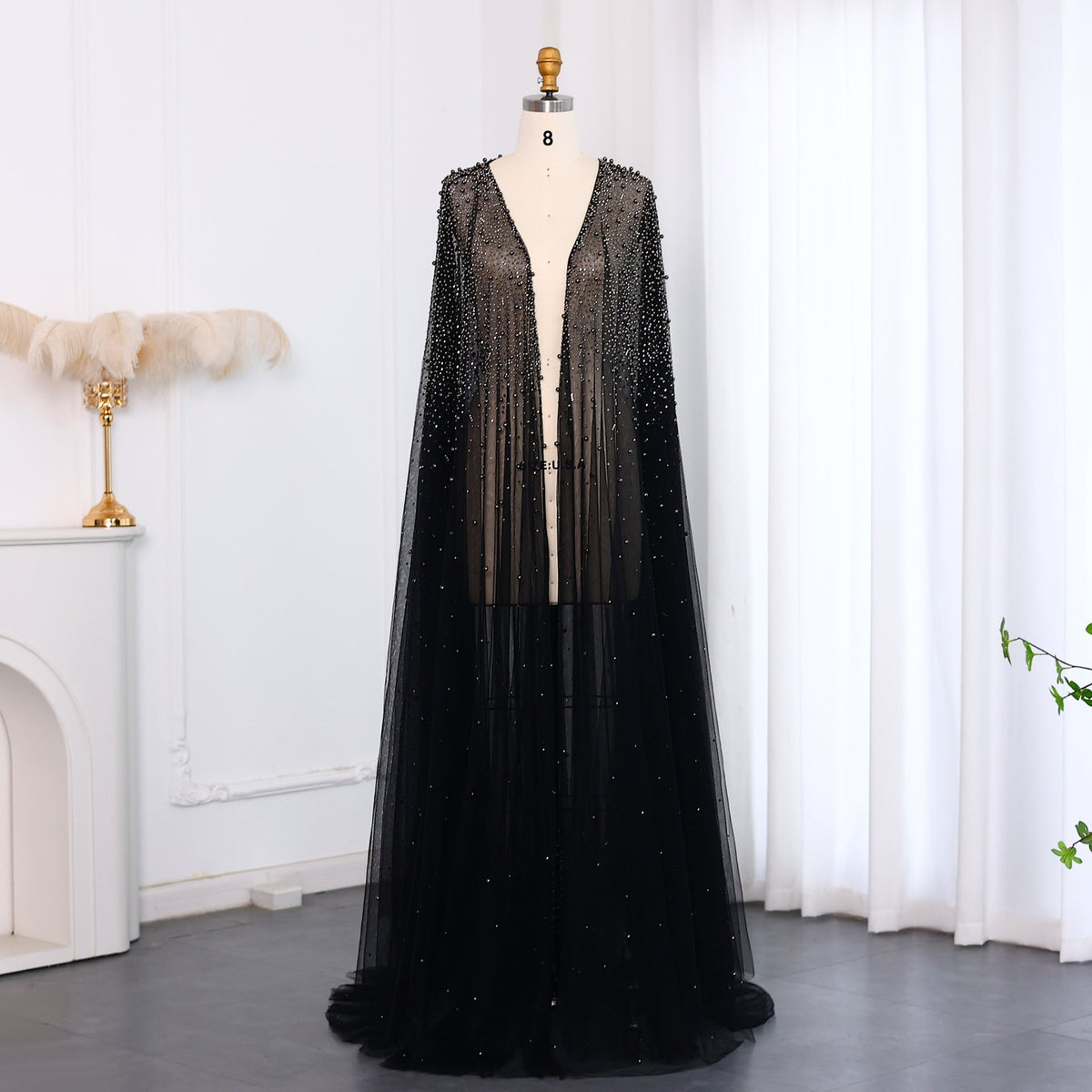 Elegant Black Beaded Long Cape Evening Dress SF082 