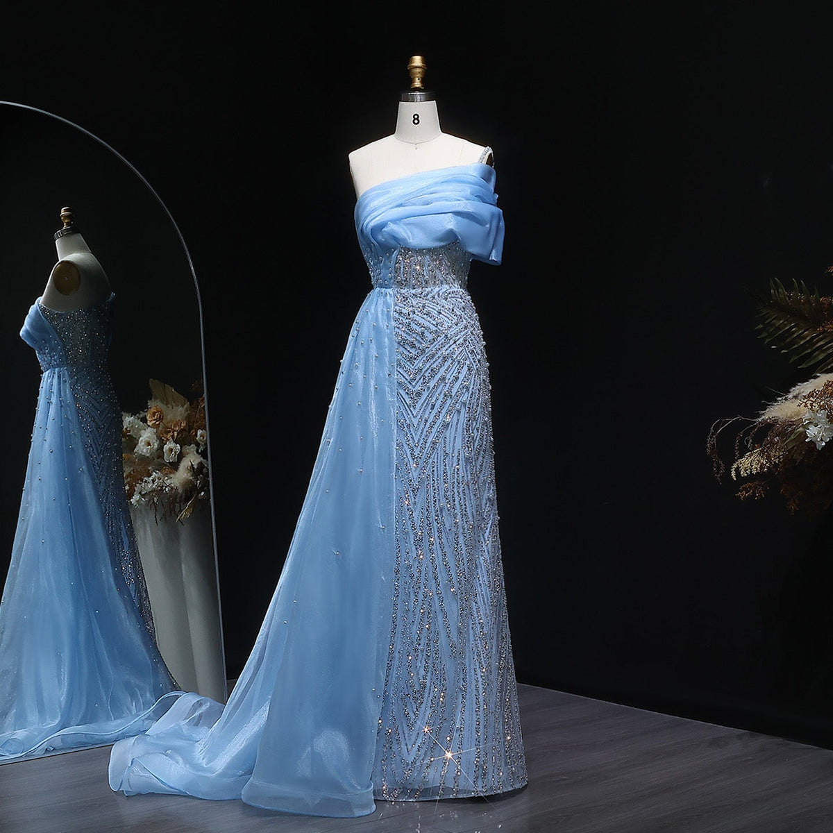 Luxury One Shoulder Blue Evening Dress with Overskirt SS644  Sky Blue / US 20