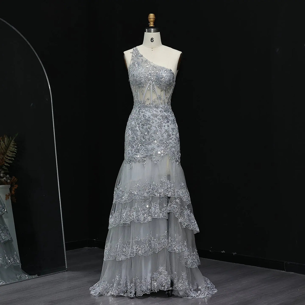 Luxury Gray One-Shoulder Beaded Tiered High-Slit Prom Dress SH152 