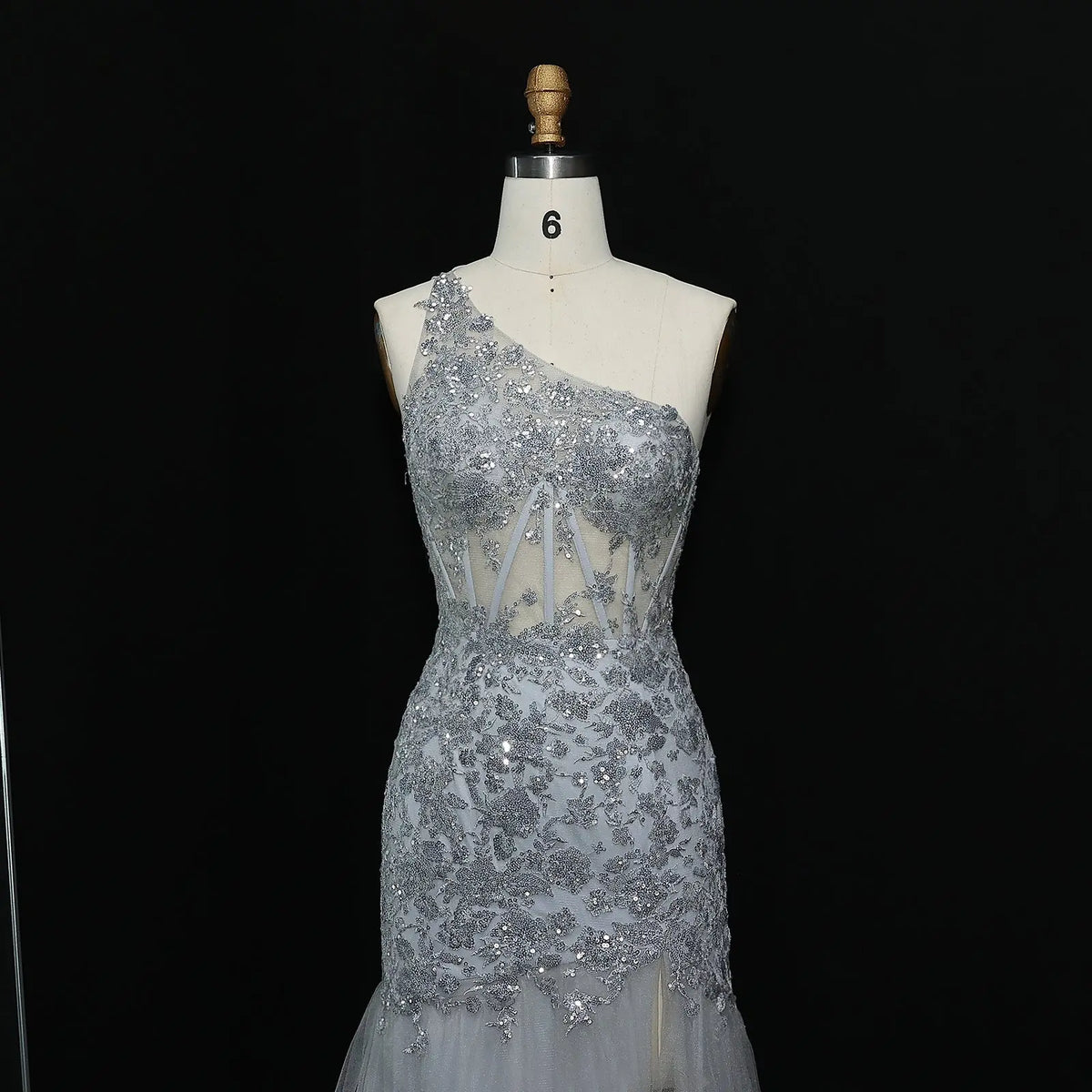 Luxury Gray One-Shoulder Beaded Tiered High-Slit Prom Dress SH152 