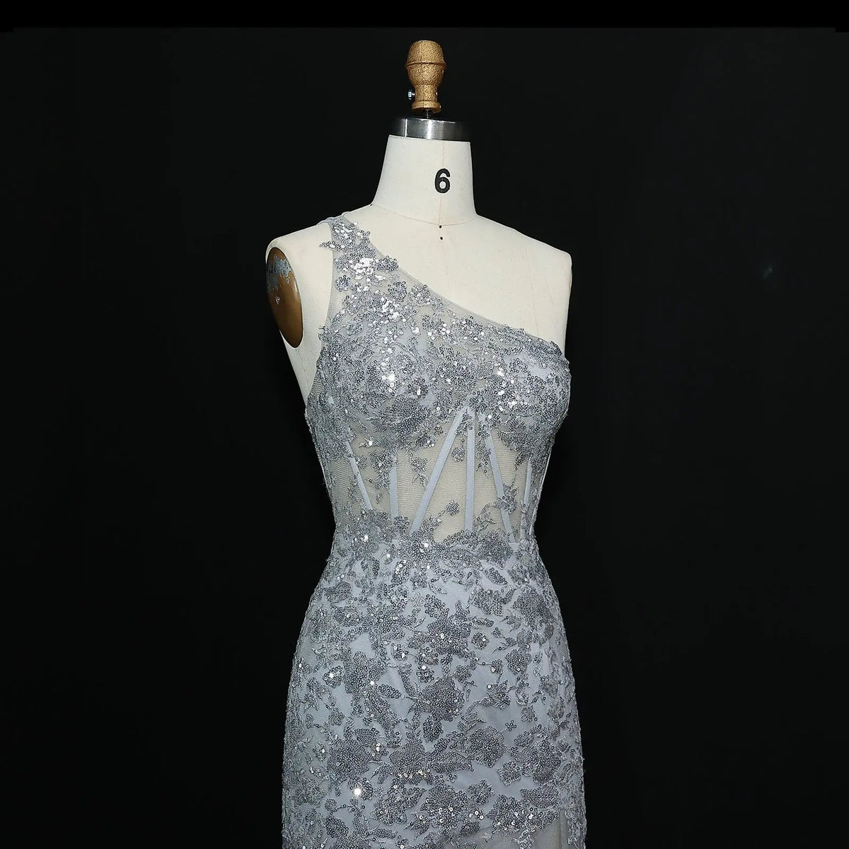 Luxury Gray One-Shoulder Beaded Tiered High-Slit Prom Dress SH152 