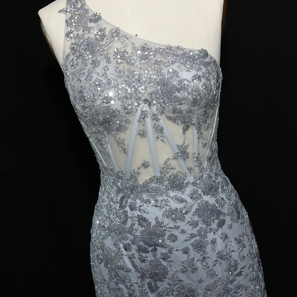Luxury Gray One-Shoulder Beaded Tiered High-Slit Prom Dress SH152 