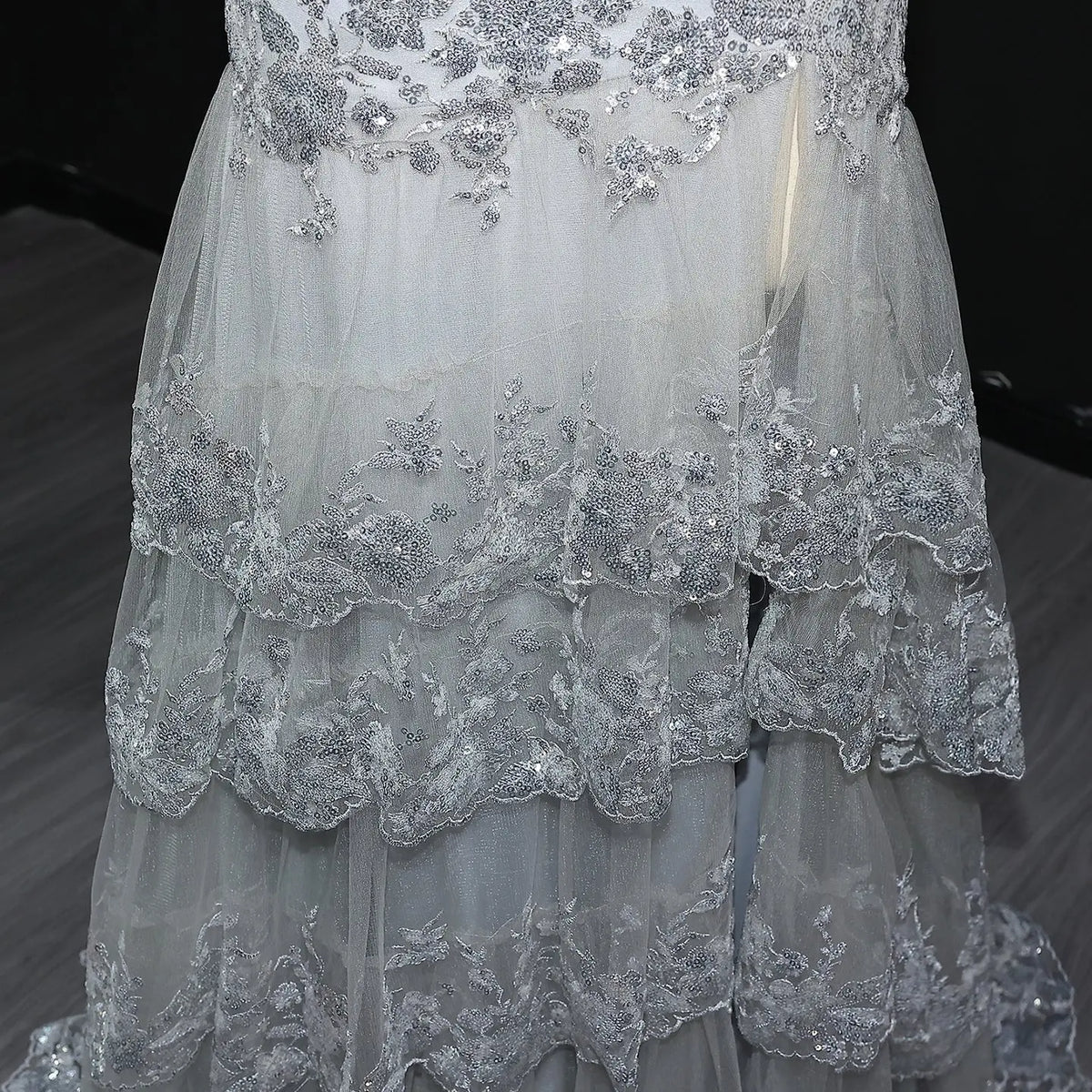 Luxury Gray One-Shoulder Beaded Tiered High-Slit Prom Dress SH152 