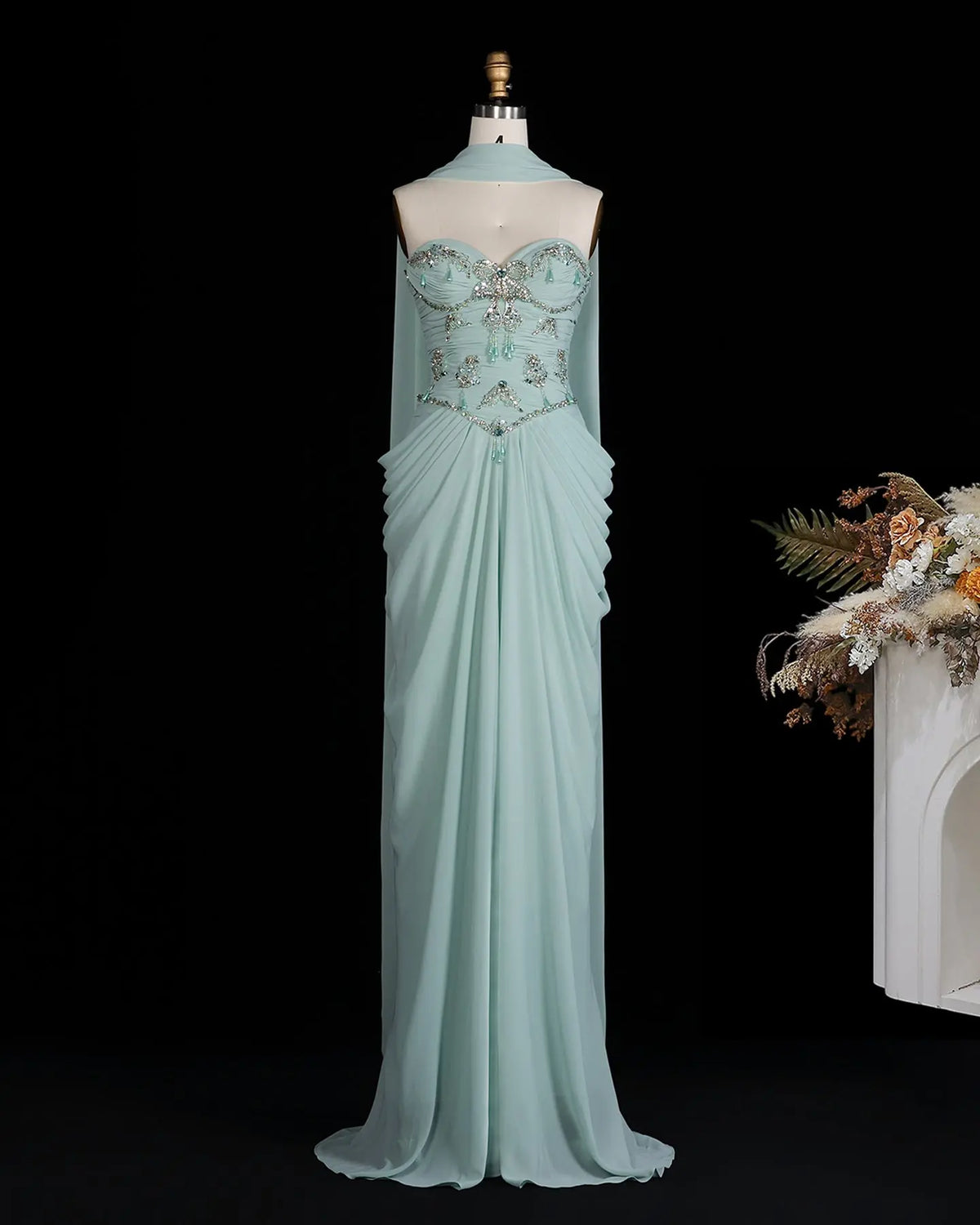 Aqua Beaded Evening Dress with Cape-2