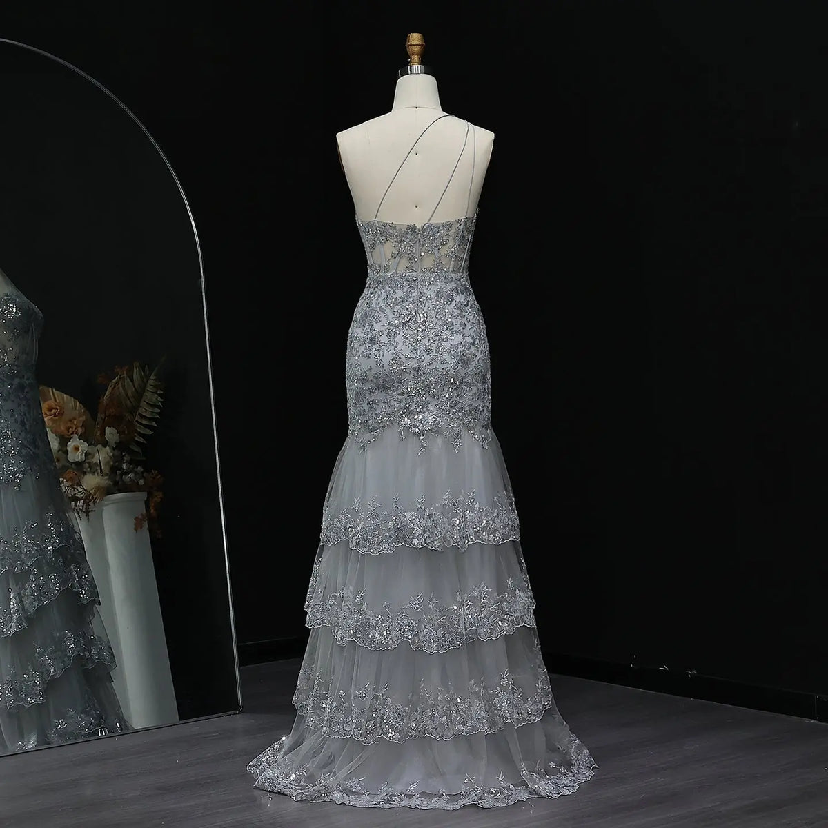 Luxury Gray One-Shoulder Beaded Tiered High-Slit Prom Dress SH152 