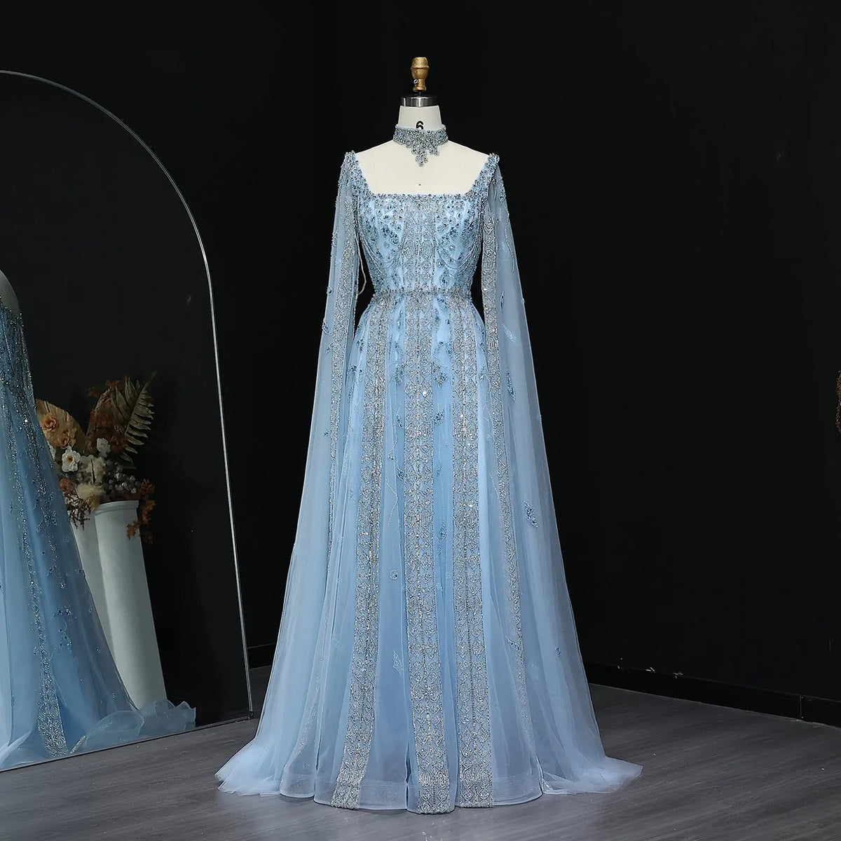 Luxury Nude Evening Dress with Cape Sleeves Chocker SS543 