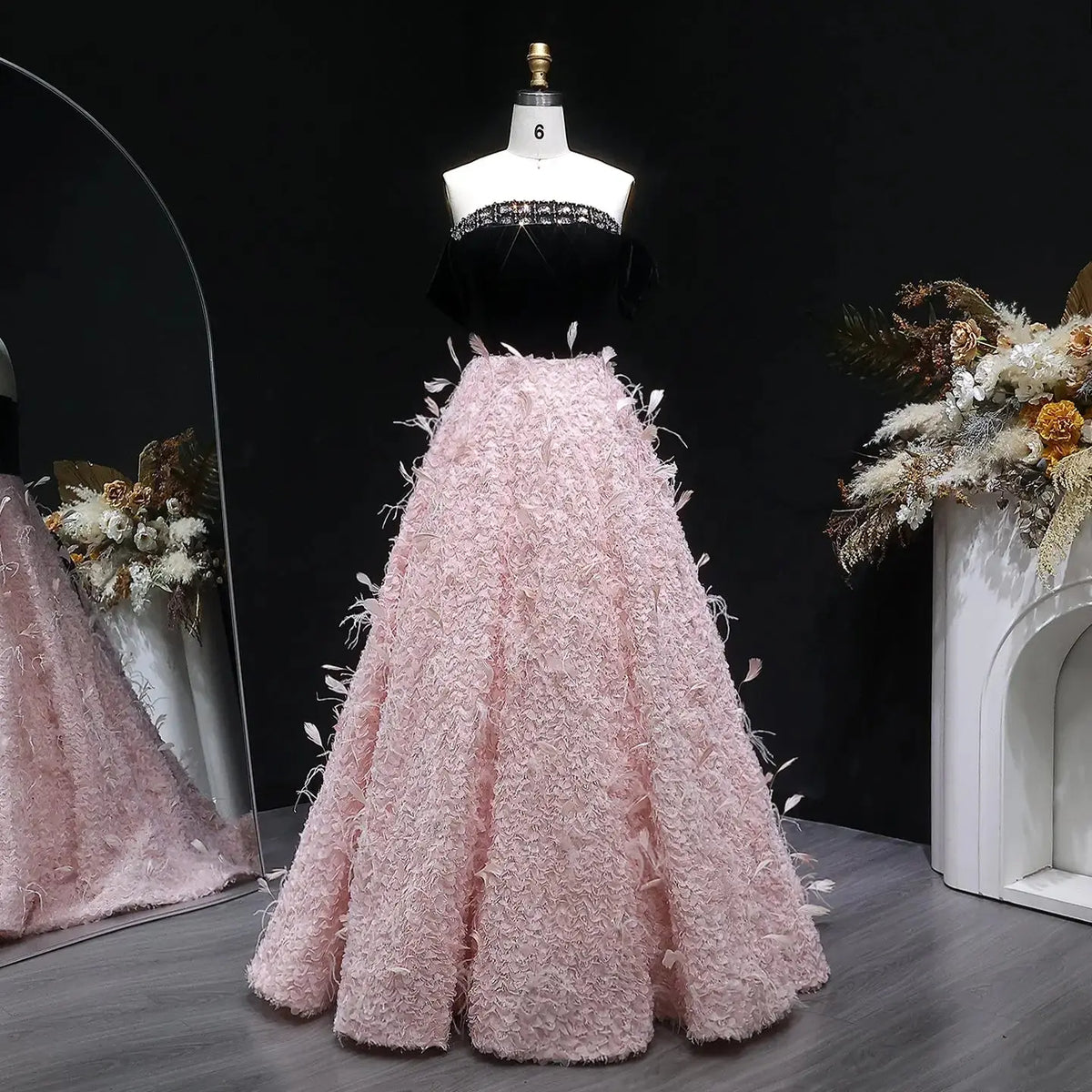Luxury Black and Pink 3D Floral Feather Strapless Evening Dress SS721 