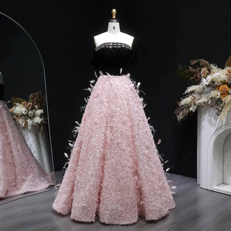 Luxury Black and Pink 3D Floral Feather Strapless Evening Dress SS721 