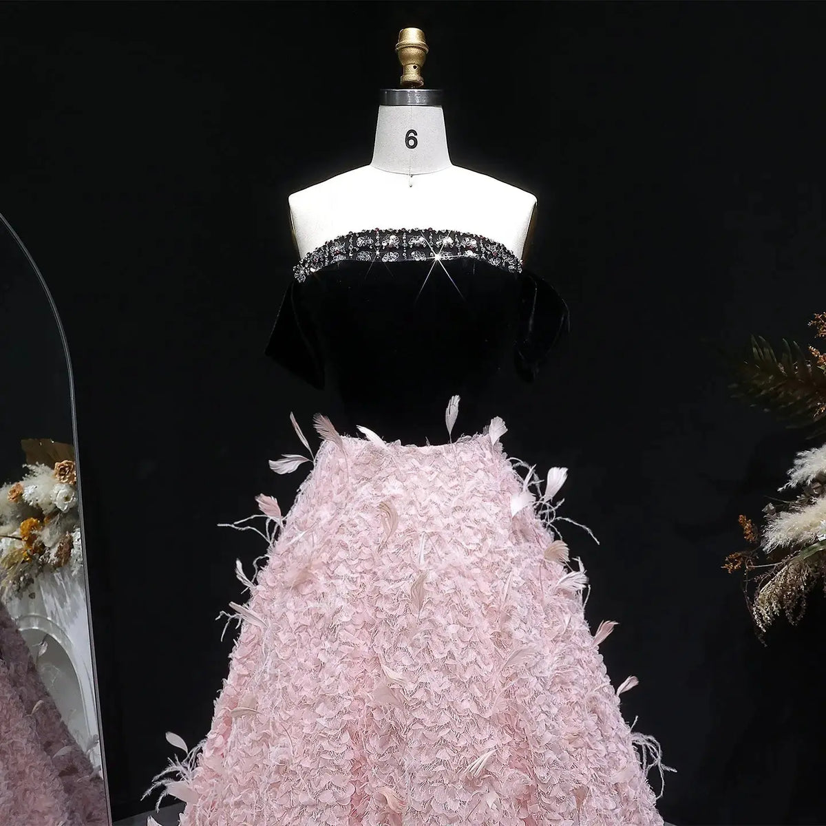 Luxury Black and Pink 3D Floral Feather Strapless Evening Dress SS721 