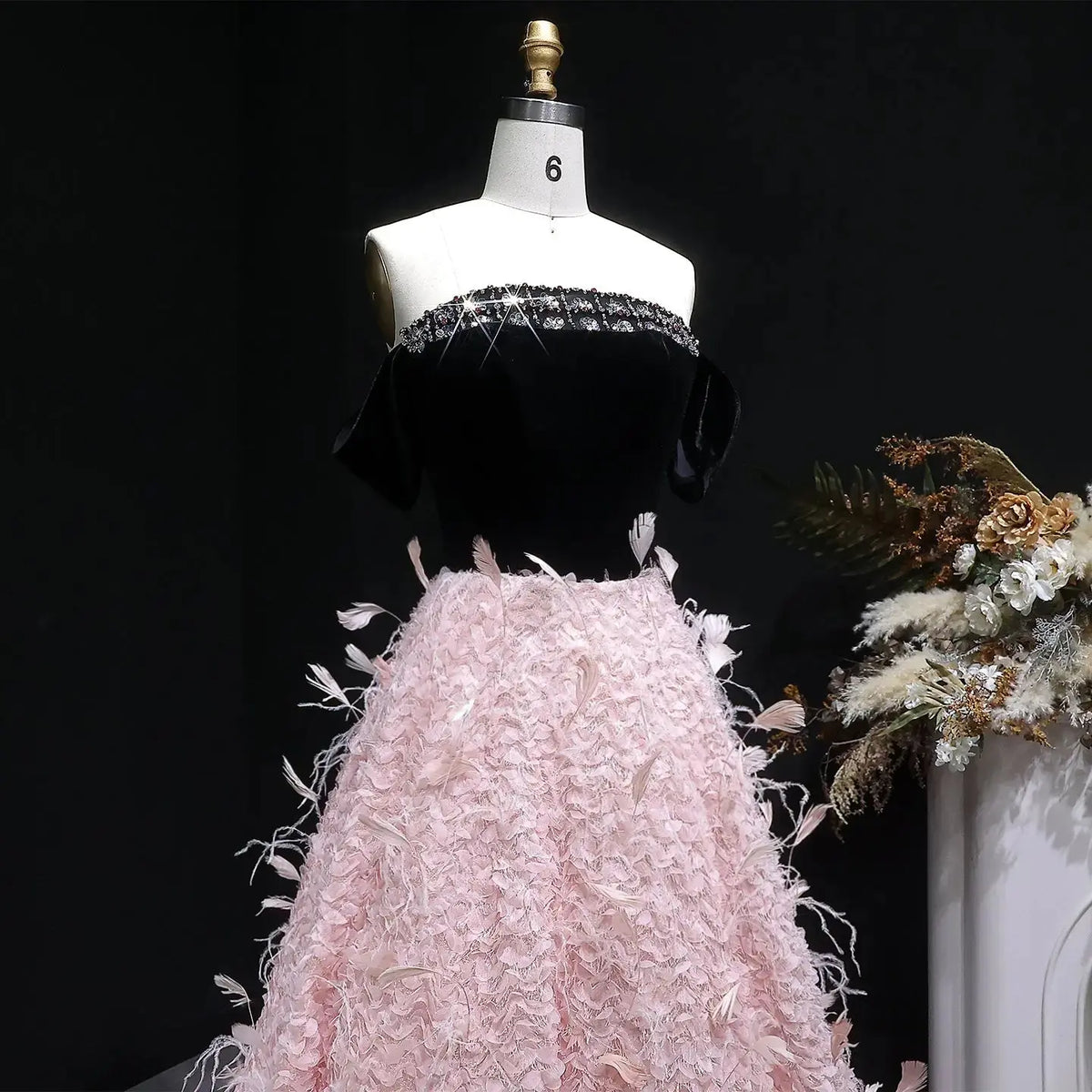 black and pink feather dress Long Sleeve Feather Backless Maxi Dress Black Pink