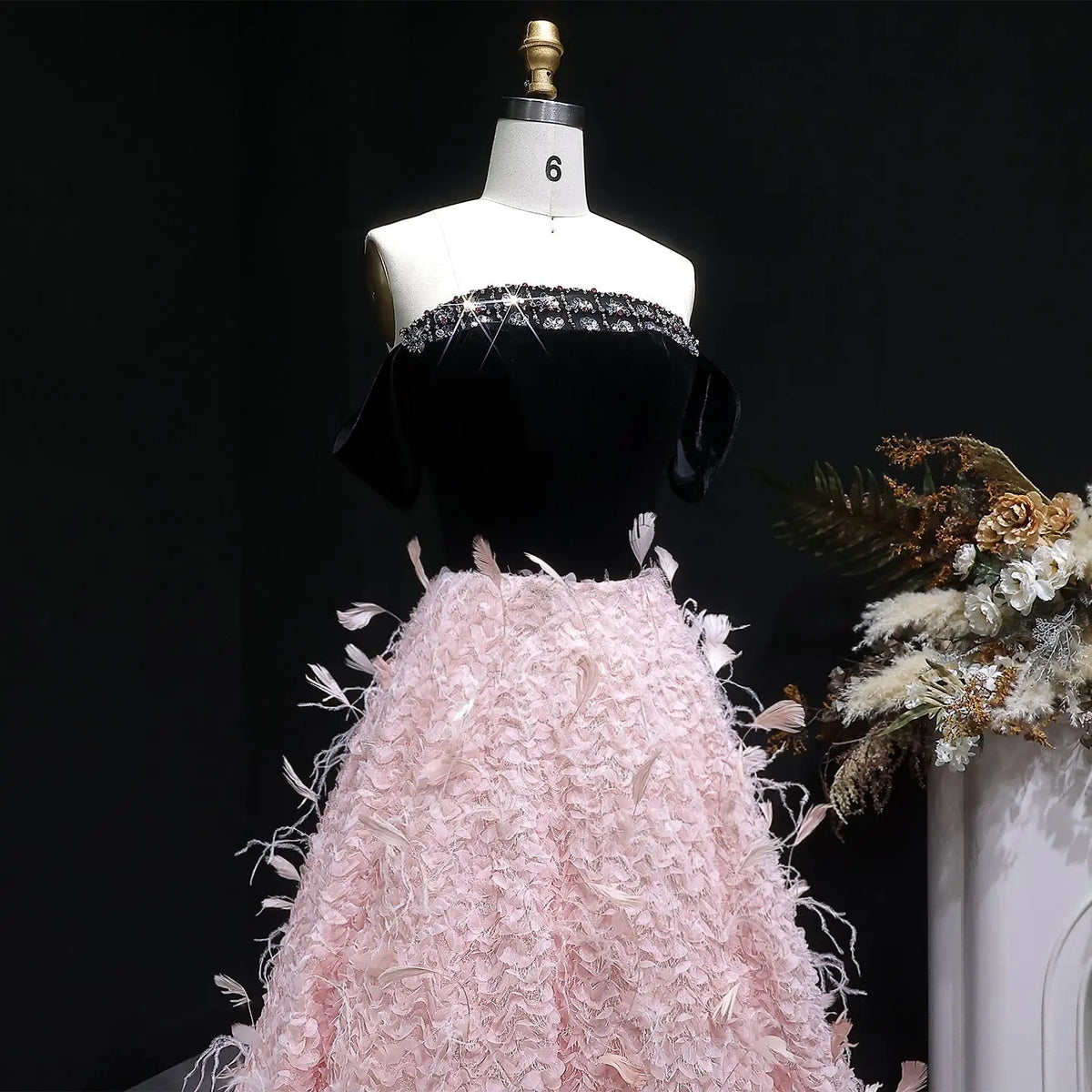 Luxury Black and Pink 3D Floral Feather Strapless Evening Dress SS721 