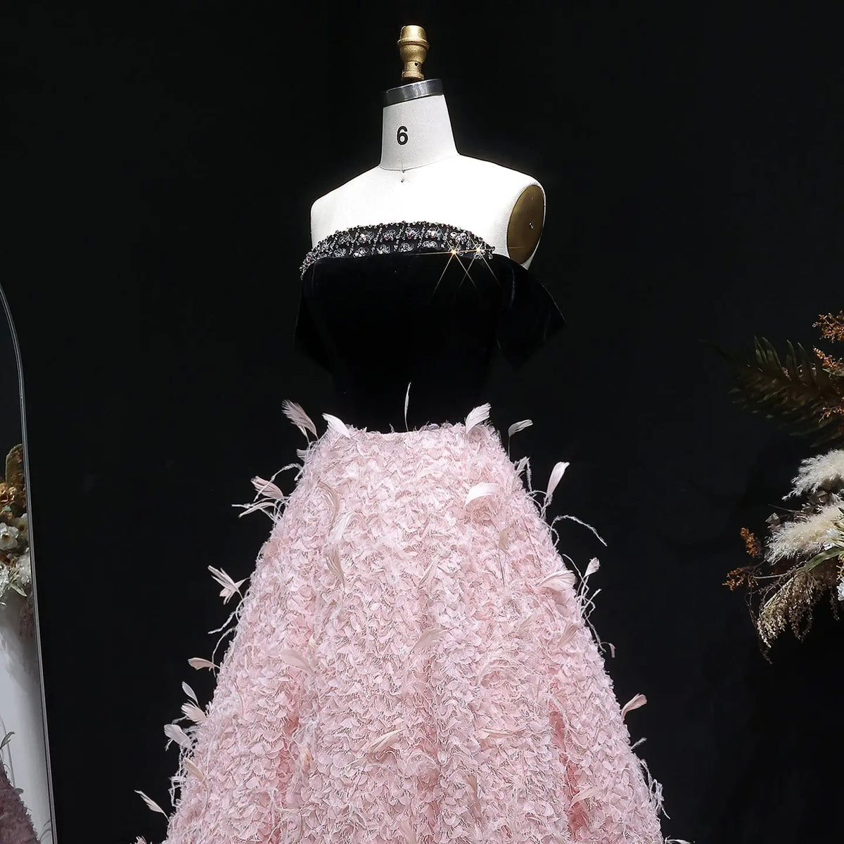 Luxury Black and Pink 3D Floral Feather Strapless Evening Dress SS721 