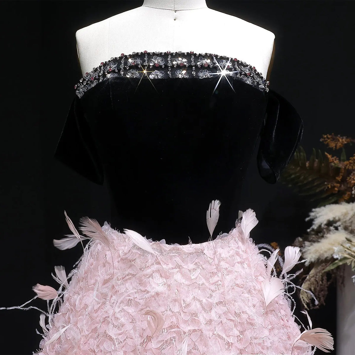 Luxury Black and Pink 3D Floral Feather Strapless Evening Dress SS721 