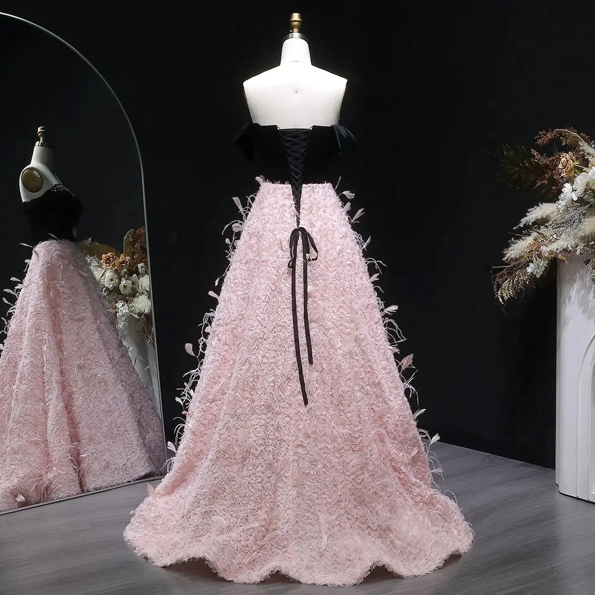black and pink feather dress Long Sleeve Feather Backless Maxi Dress Black Pink