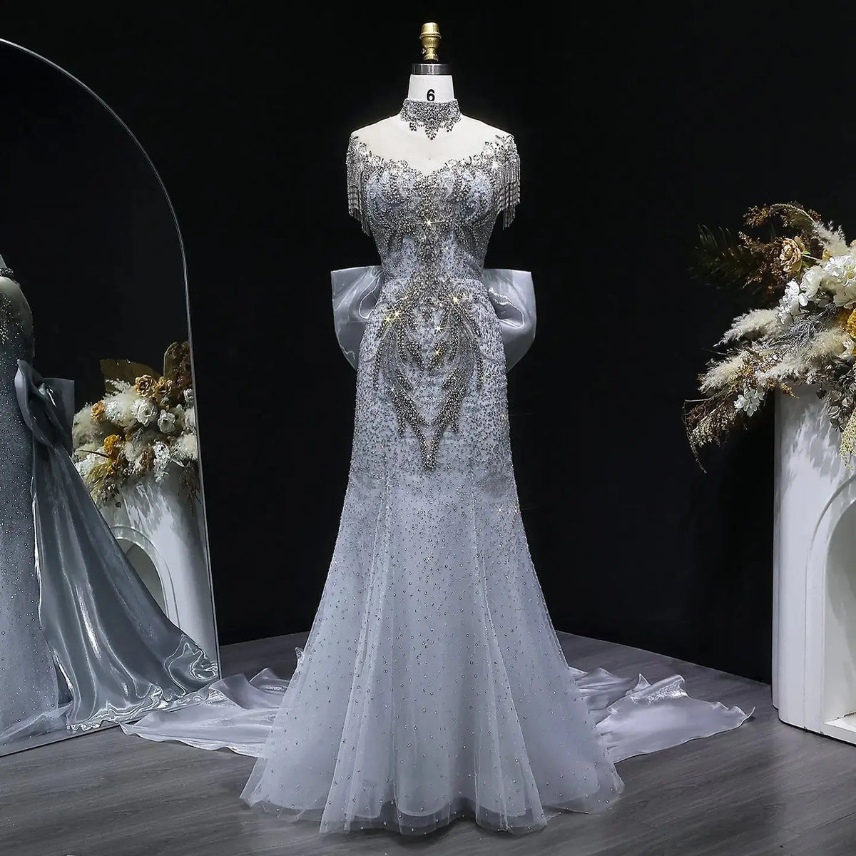Luxury Silver Gray Beaded Train Evening Dress with Bow Tie and Necklace SS722 Luxury Silver Gray Beaded Train Evening Dress with Bow Tie and Necklace SS722