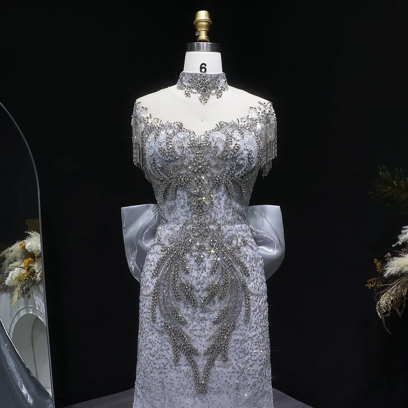 Luxury Silver Gray Beaded Train Evening Dress with Bow Tie and Necklace SS722 