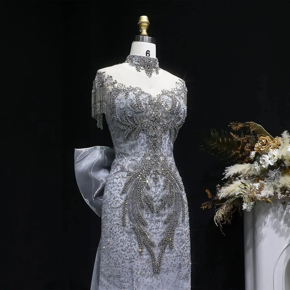 silver dress with train Luxury Silver Gray Beaded Train Evening Dress with Bow Tie and Necklace SS722