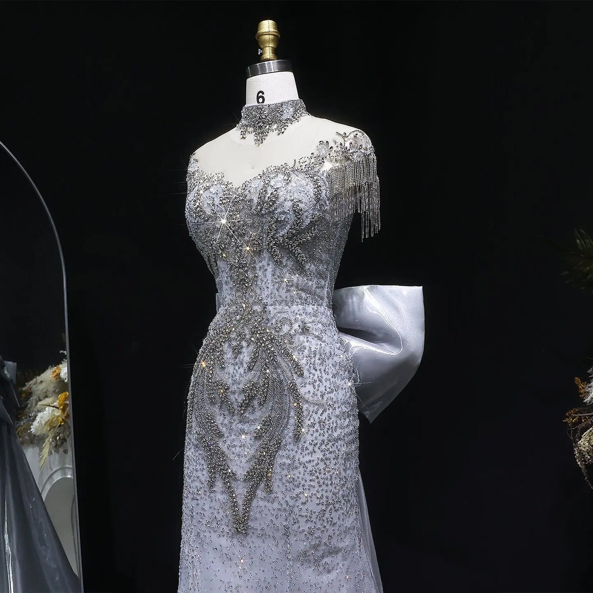 Luxury Silver Gray Beaded Train Evening Dress with Bow Tie and Necklace SS722 