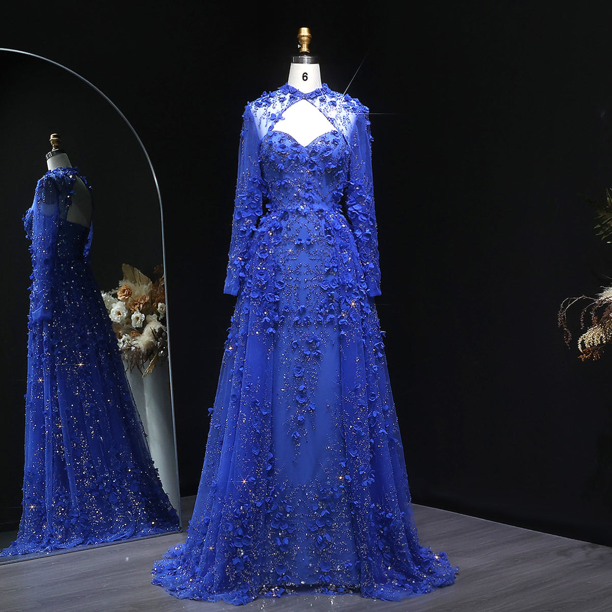 Luxury Royal Blue 3D Floral Beaded Evening Dress with Overskirt SS647 