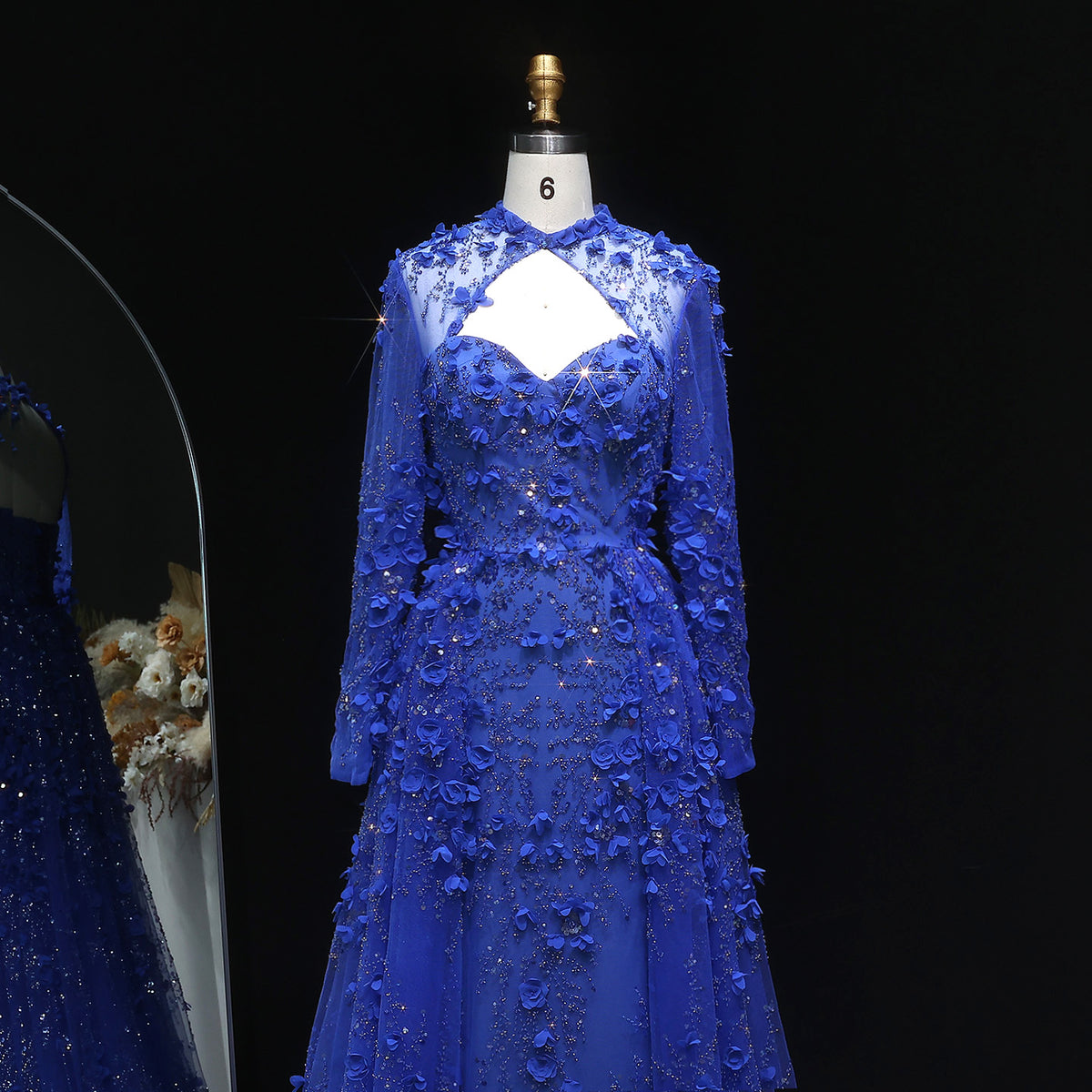 Luxury Royal Blue 3D Floral Beaded Evening Dress with Overskirt SS647 