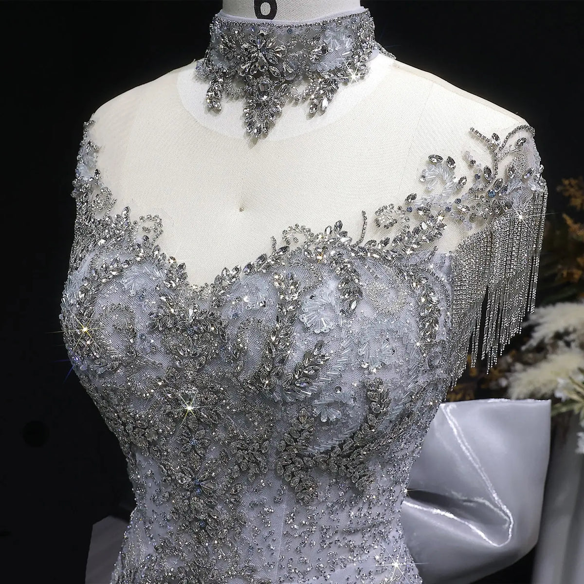 Luxury Silver Gray Beaded Train Evening Dress with Bow Tie and Necklace SS722 