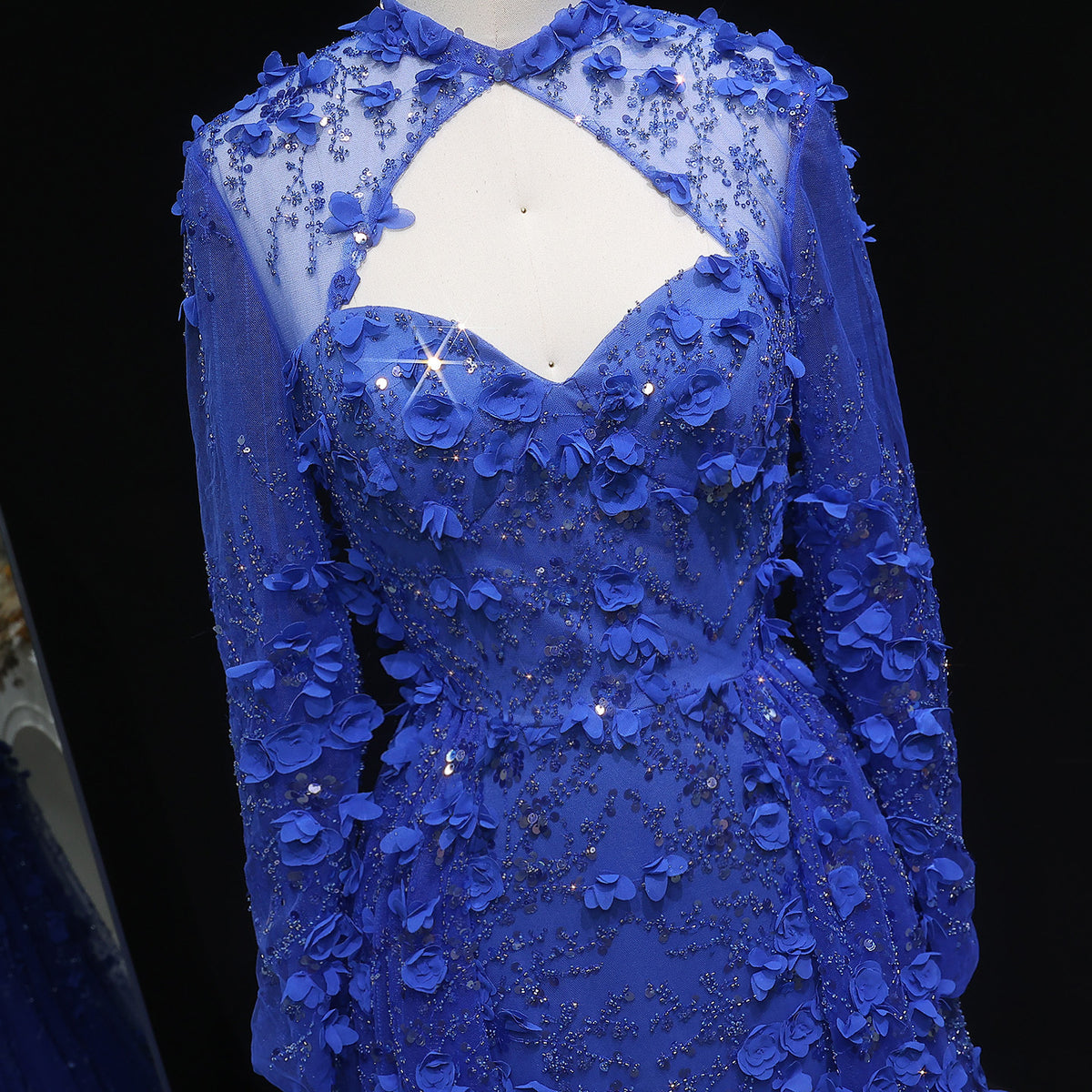 Luxury Royal Blue 3D Floral Beaded Evening Dress with Overskirt SS647 