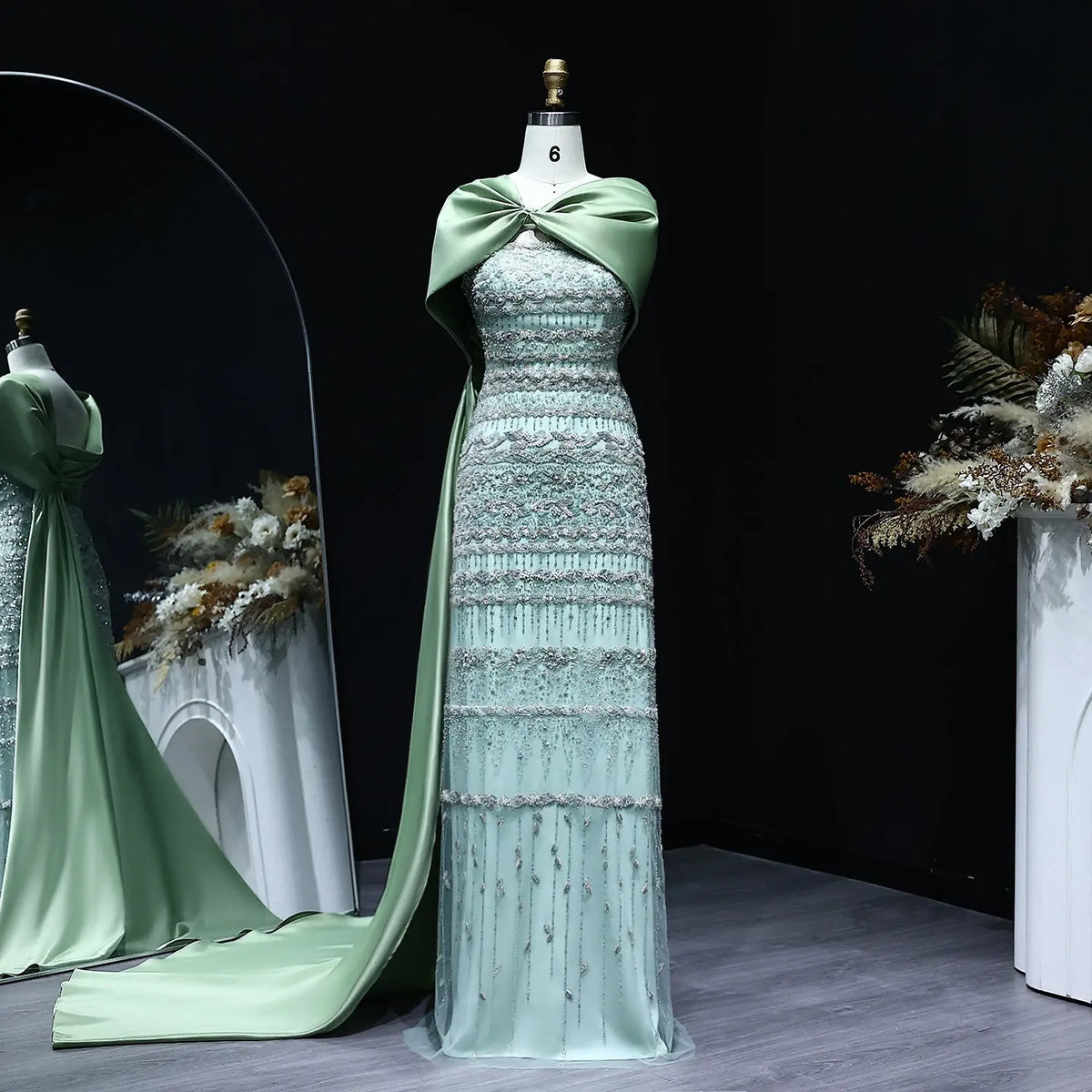 Luxury Sage Green Evening Dress with Cape SS238B 