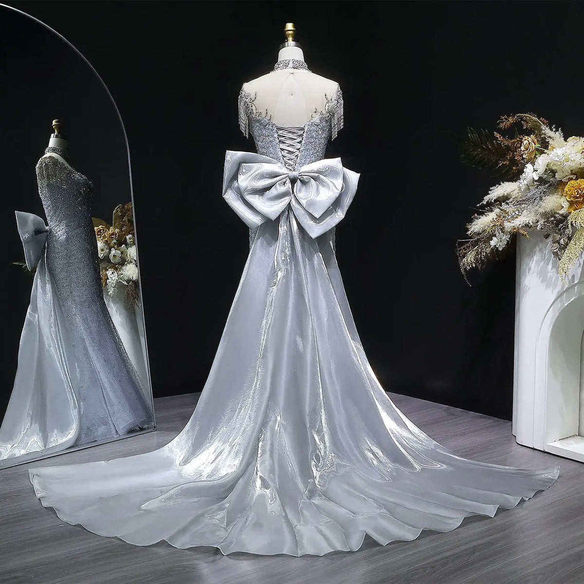 Luxury Silver Gray Beaded Train Evening Dress with Bow Tie and Necklace SS722 