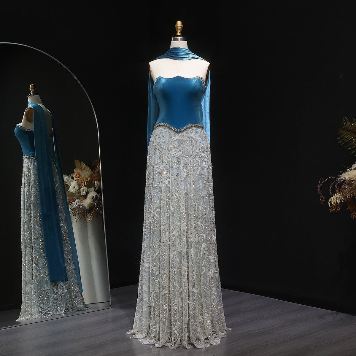 Luxury Beaded Blue Velvet Evening Dress - SS793 SHARONSAID Luxury Beaded Blue Velvet Evening Dress - SS793 SHARONSAID