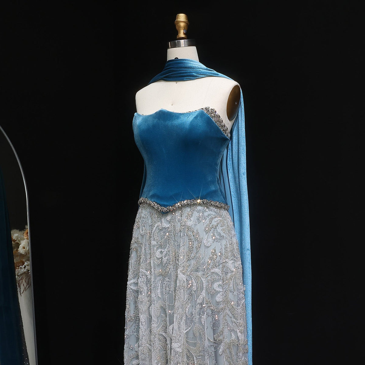 Luxury Beaded Blue Velvet Evening Dress with Scarf  SS793