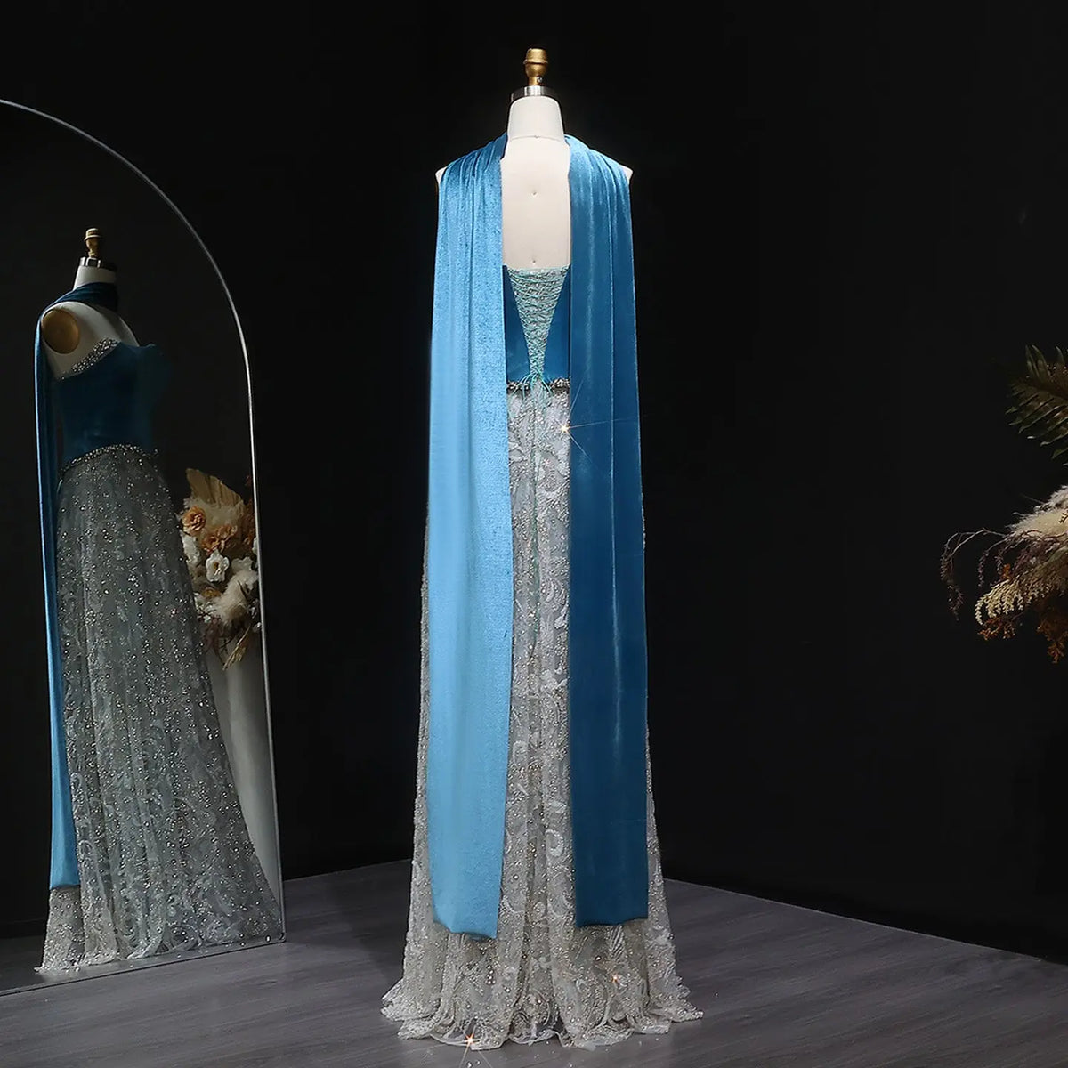 Luxury Beaded Blue Velvet Evening Dress with Scarf SS793 Luxury Beaded Blue Velvet Evening Dress with Scarf SS793