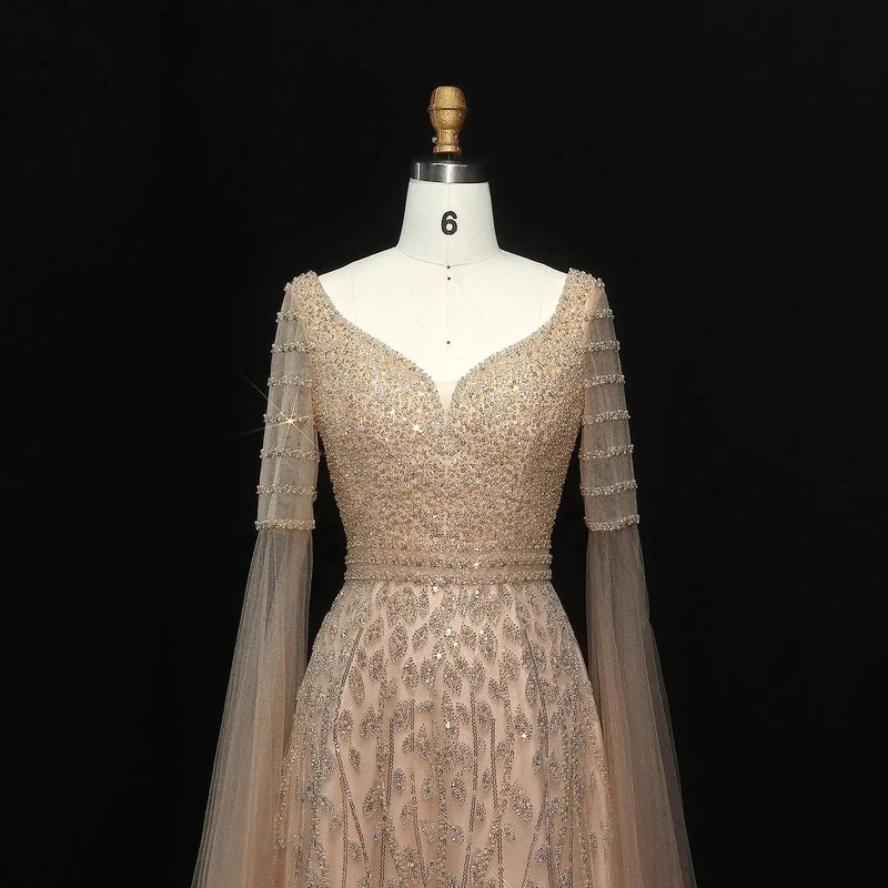 Luxury Pink Beaded Evening Dress with Cape Sleeves SS034 