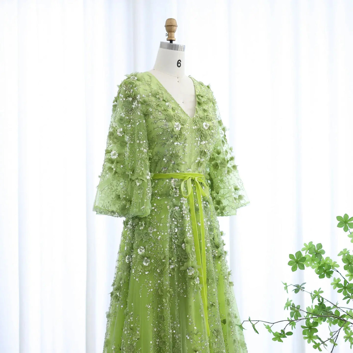 Final Sale V-neck Green 3D Embroidered Flowers Evening Dress SS354 Final Sale V-neck Green 3D Embroidered Flowers Evening Dress SS354