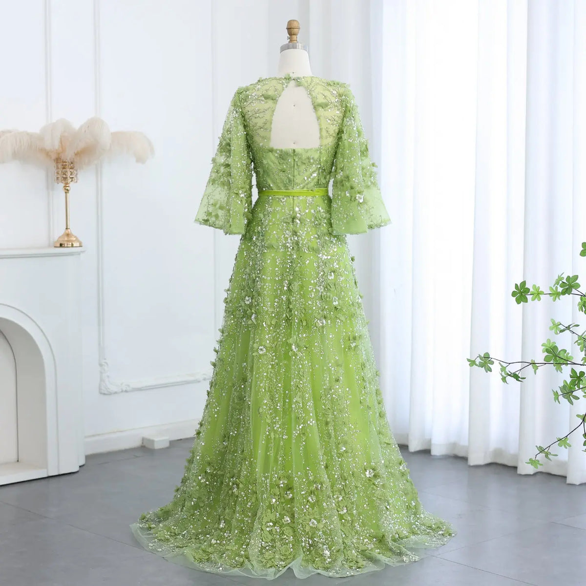 Final Sale V-neck Green 3D Embroidered Flowers Evening Dress SS354 Final Sale V-neck Green 3D Embroidered Flowers Evening Dress SS354