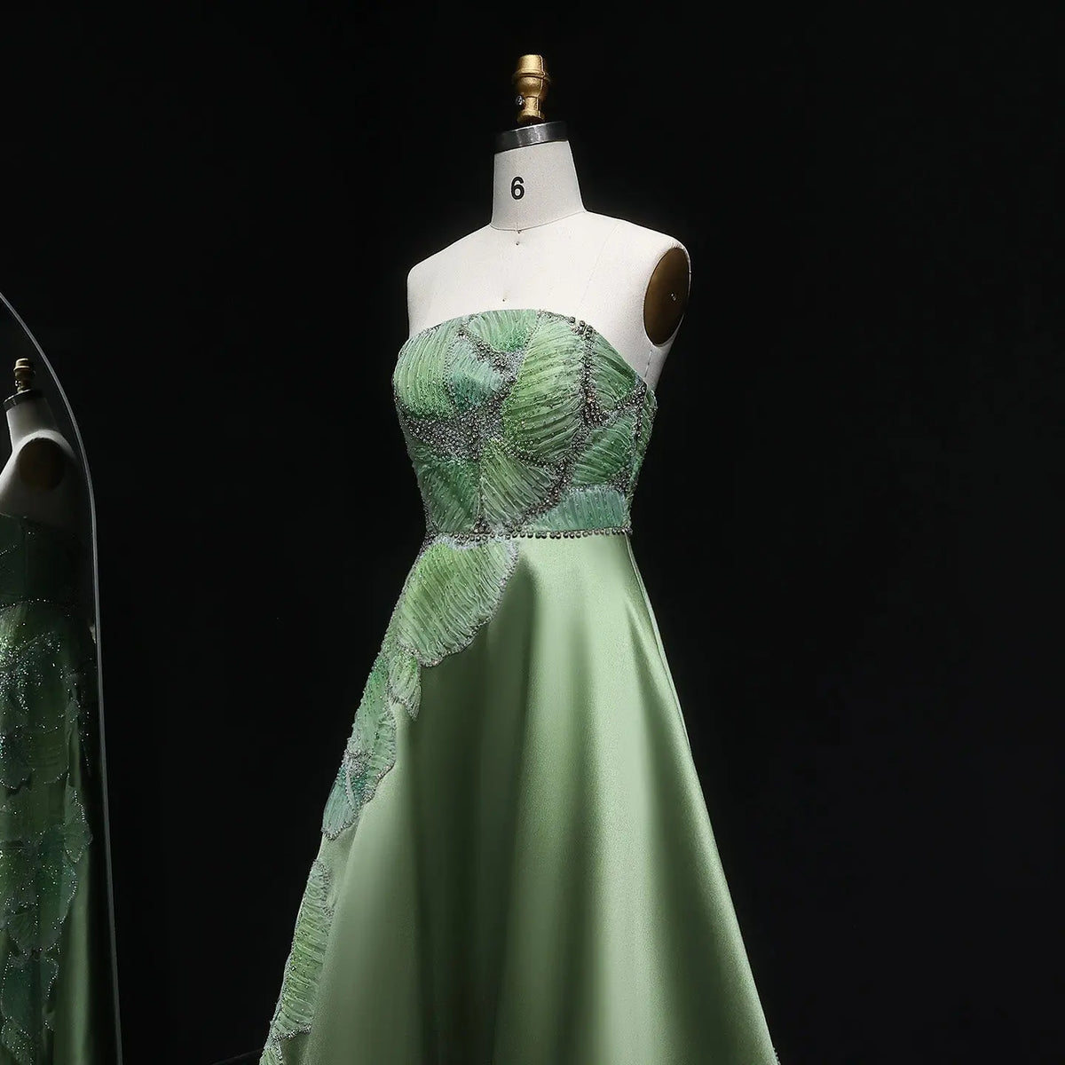 Luxury Green Strapless Embroidered Satin Evening Dress XD077 