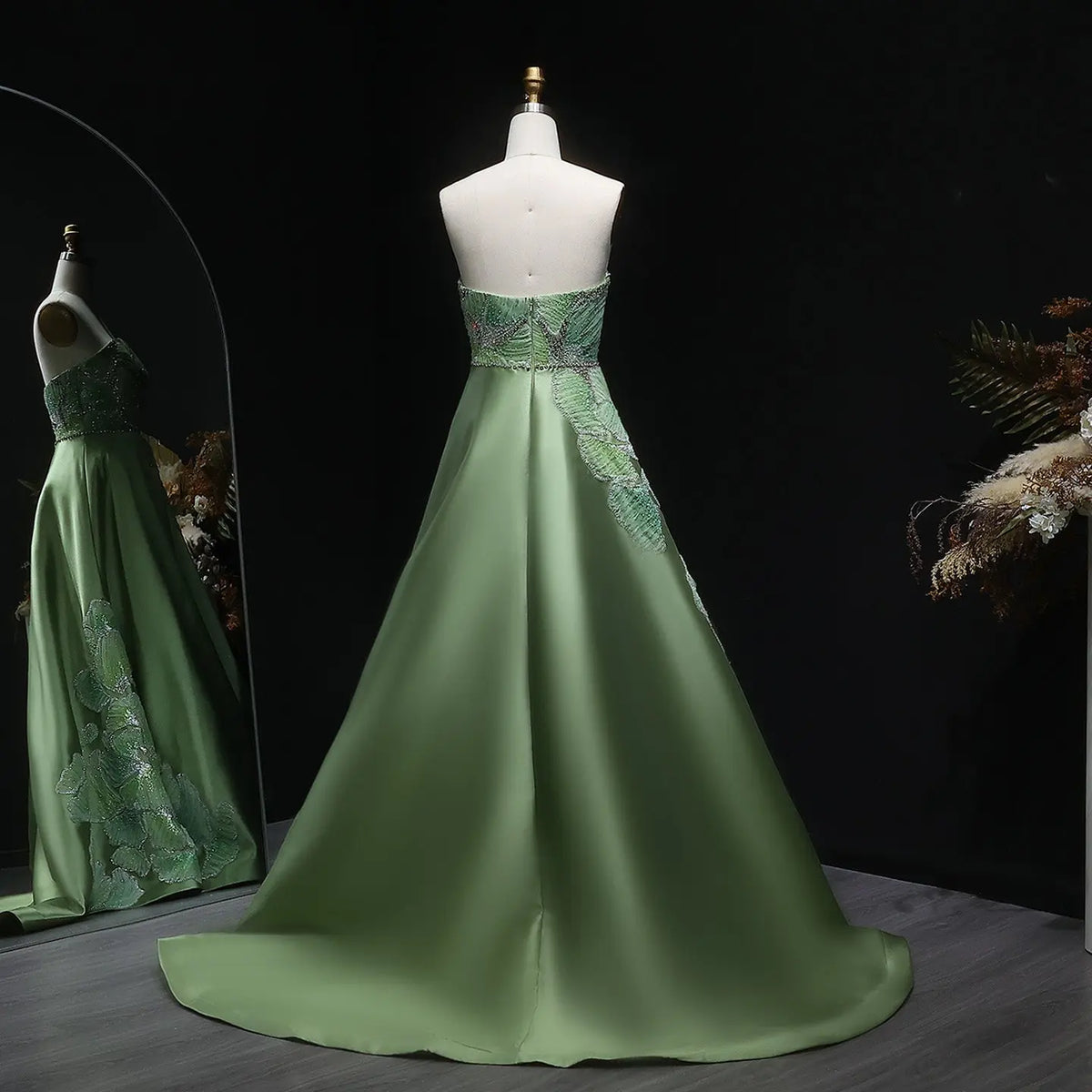 Luxury Green Strapless Embroidered Satin Evening Dress XD077 