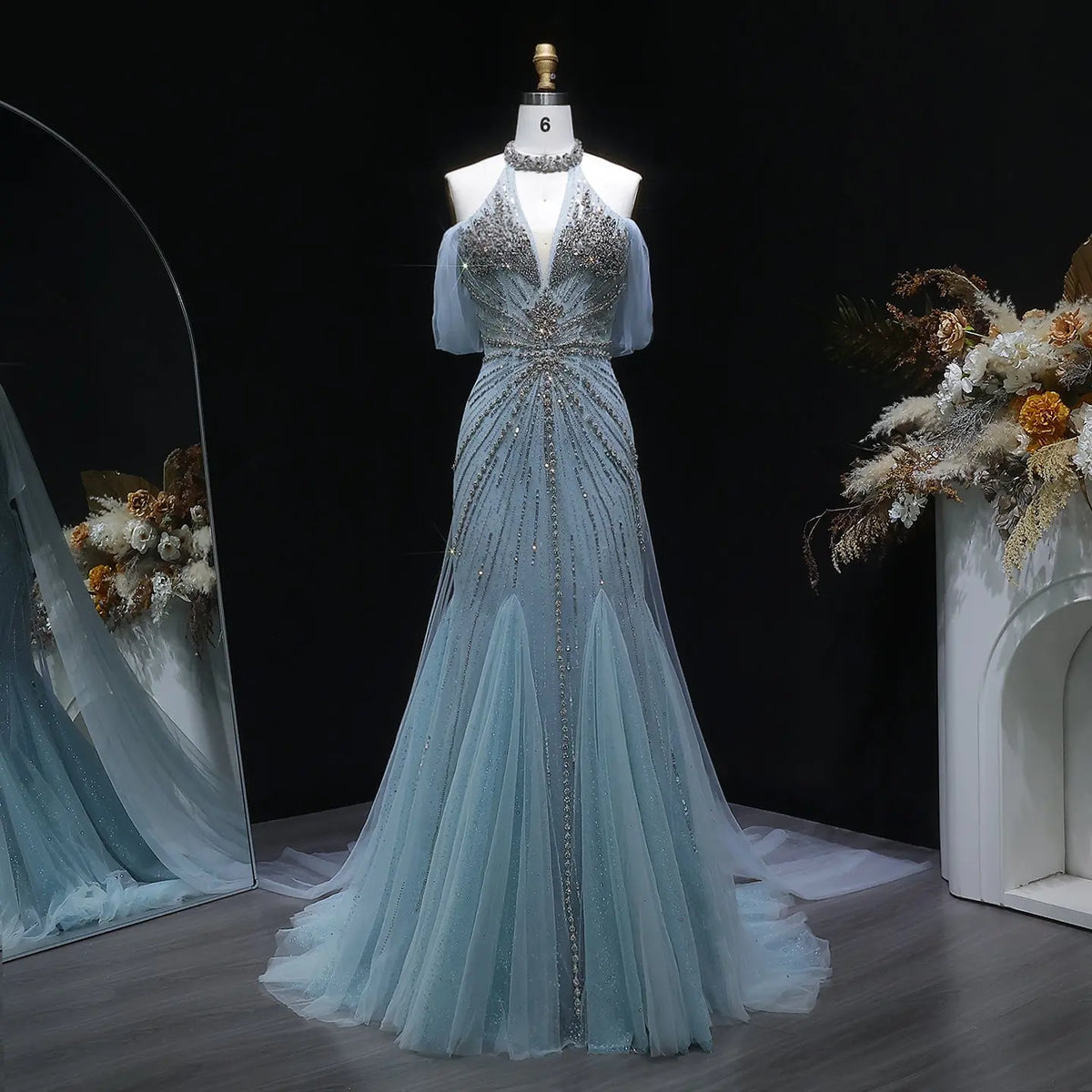 Luxury Turquoise Beaded Deep V Fitted Mermaid Evening Dress with Cap SS727 