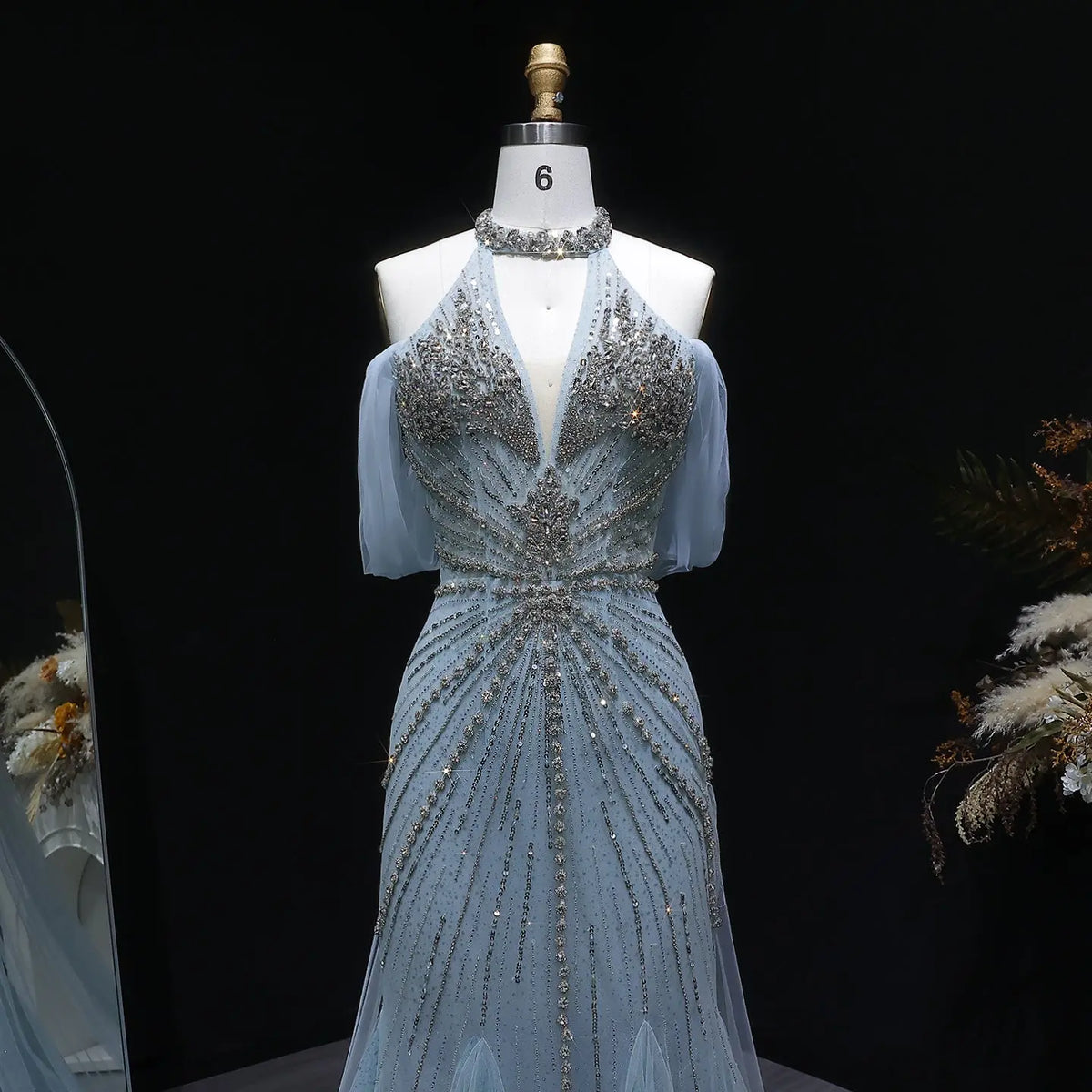 Luxury Turquoise Beaded Deep V Fitted Mermaid Evening Dress with Cap SS727 